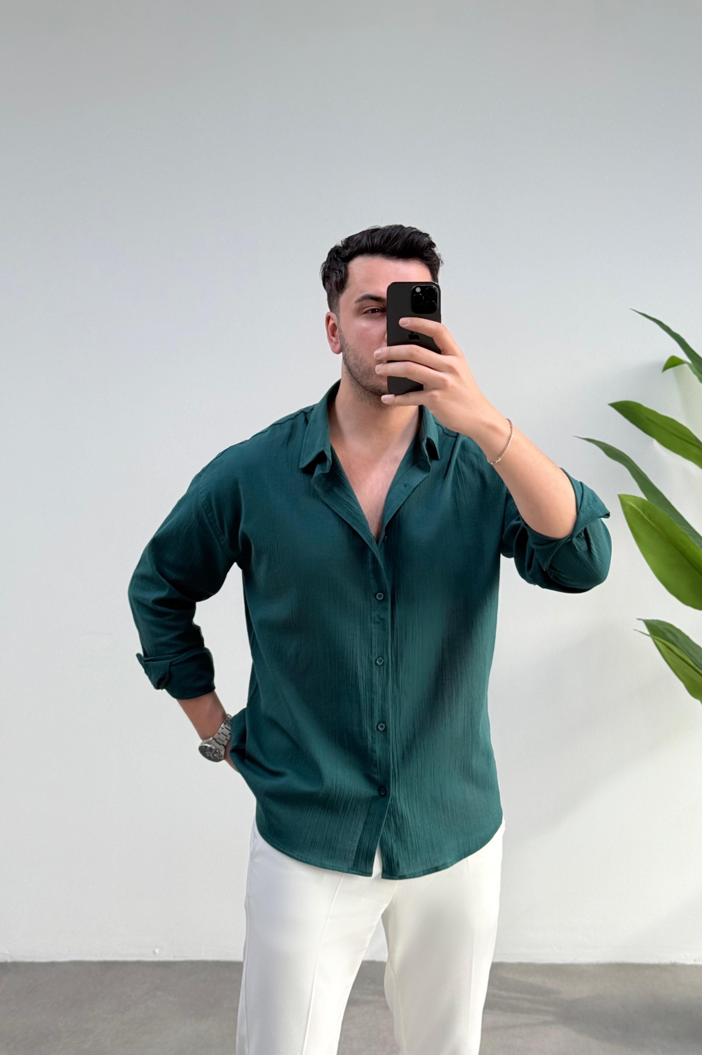 Kırınkıl Zümrüt Oversize Keten Gömlek 