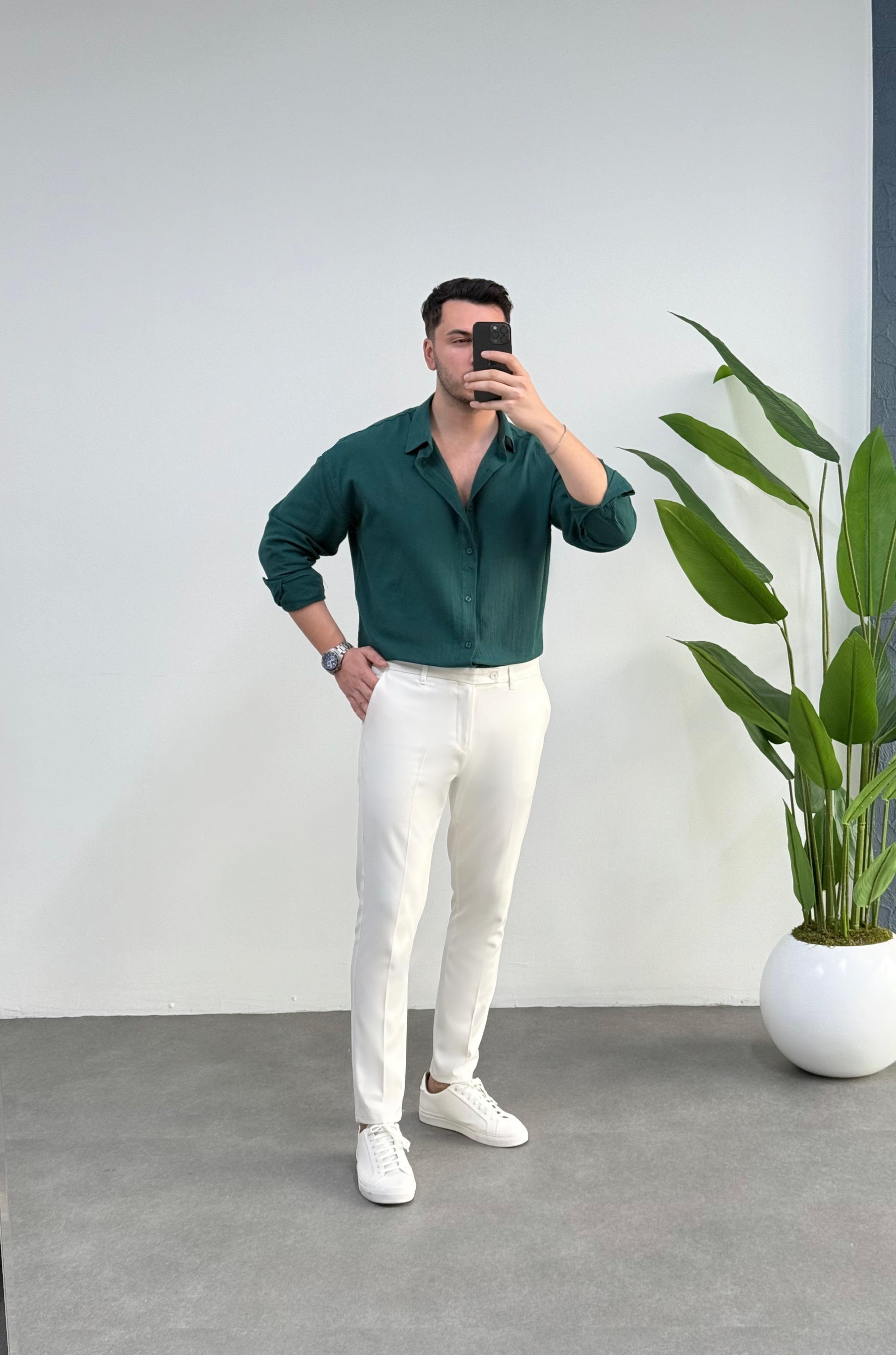 Kırınkıl Zümrüt Oversize Keten Gömlek 