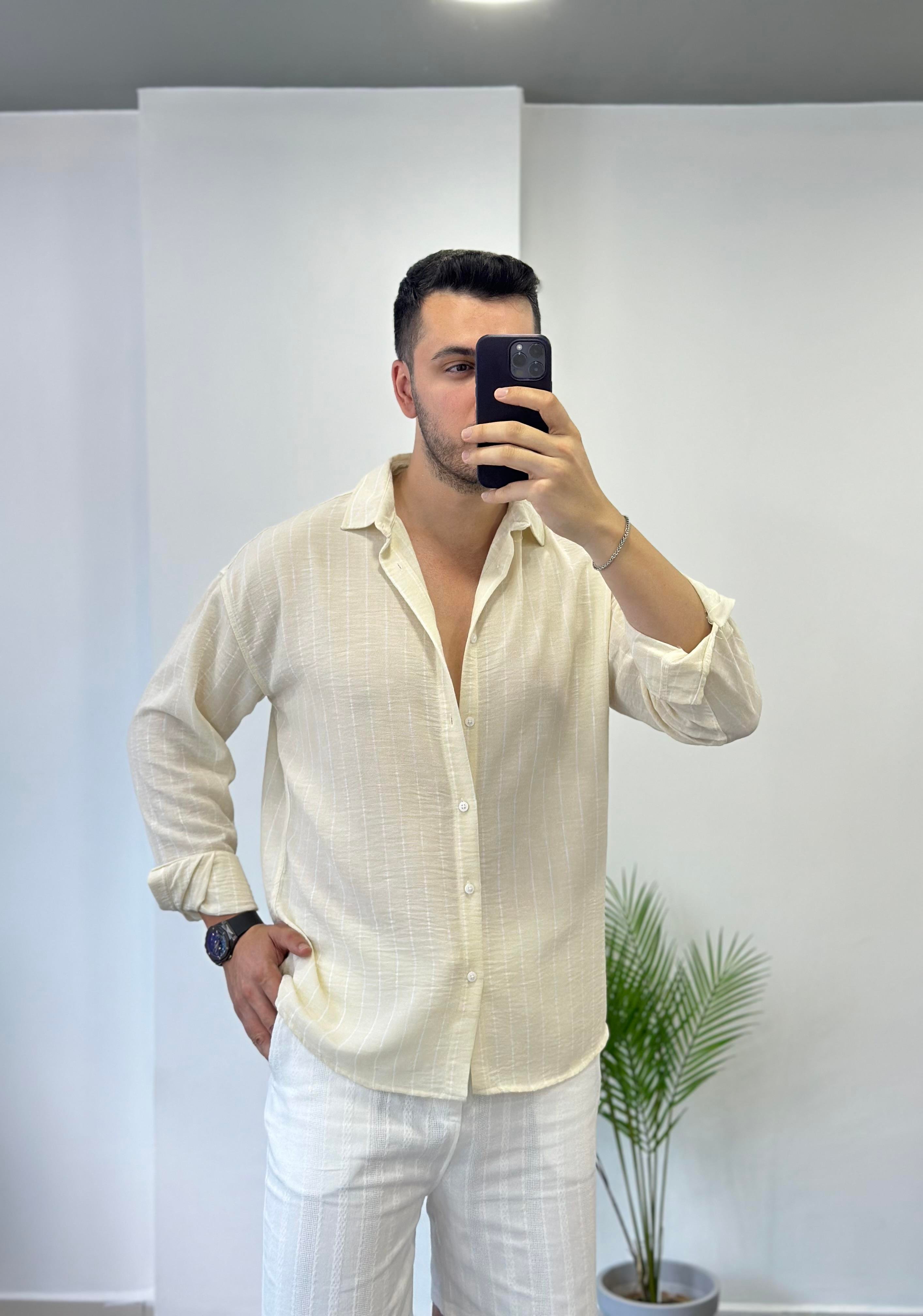 Krem Beyaz Çizgi Oversize Keten Gömlek 