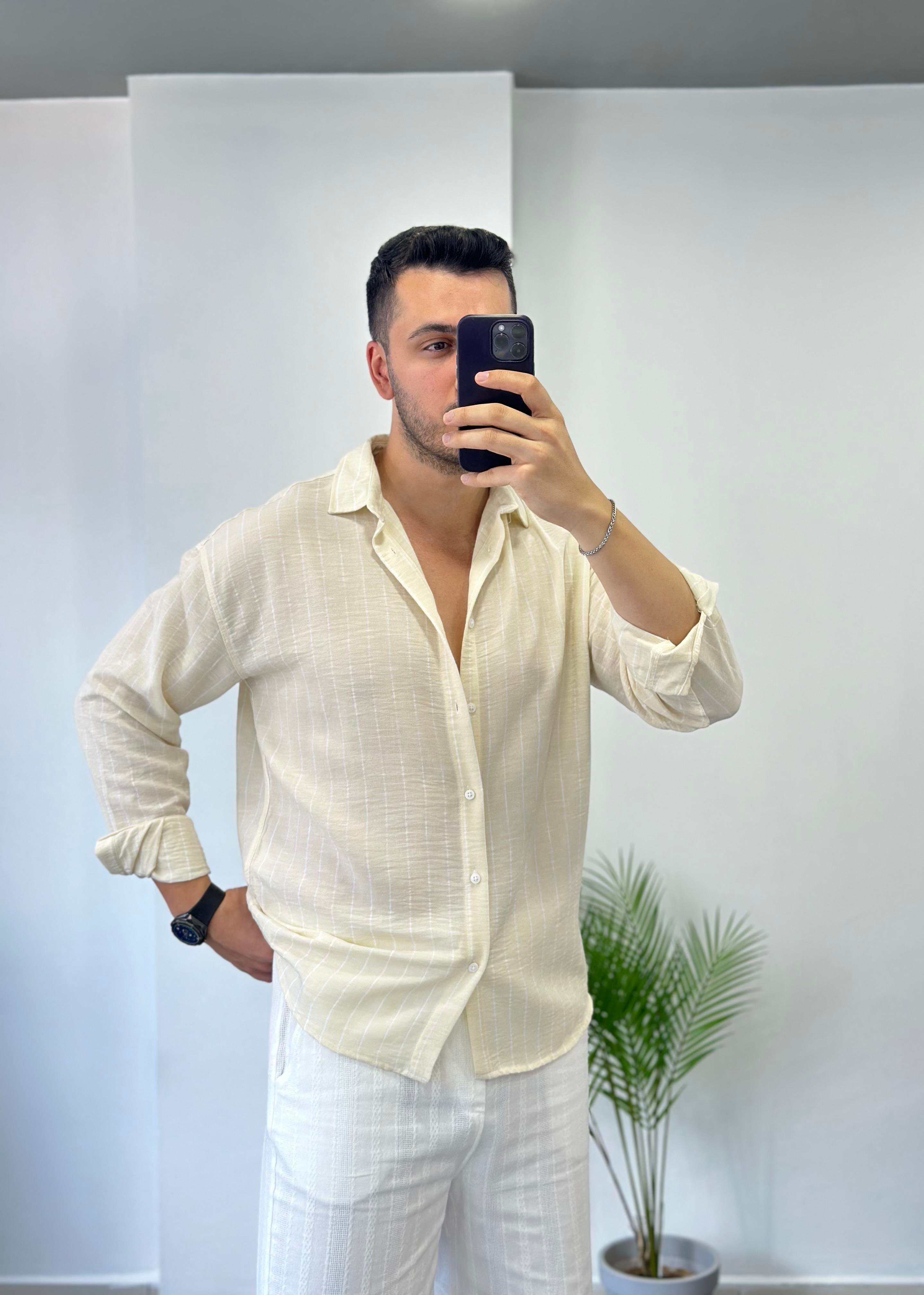 Krem Beyaz Çizgi Oversize Keten Gömlek 