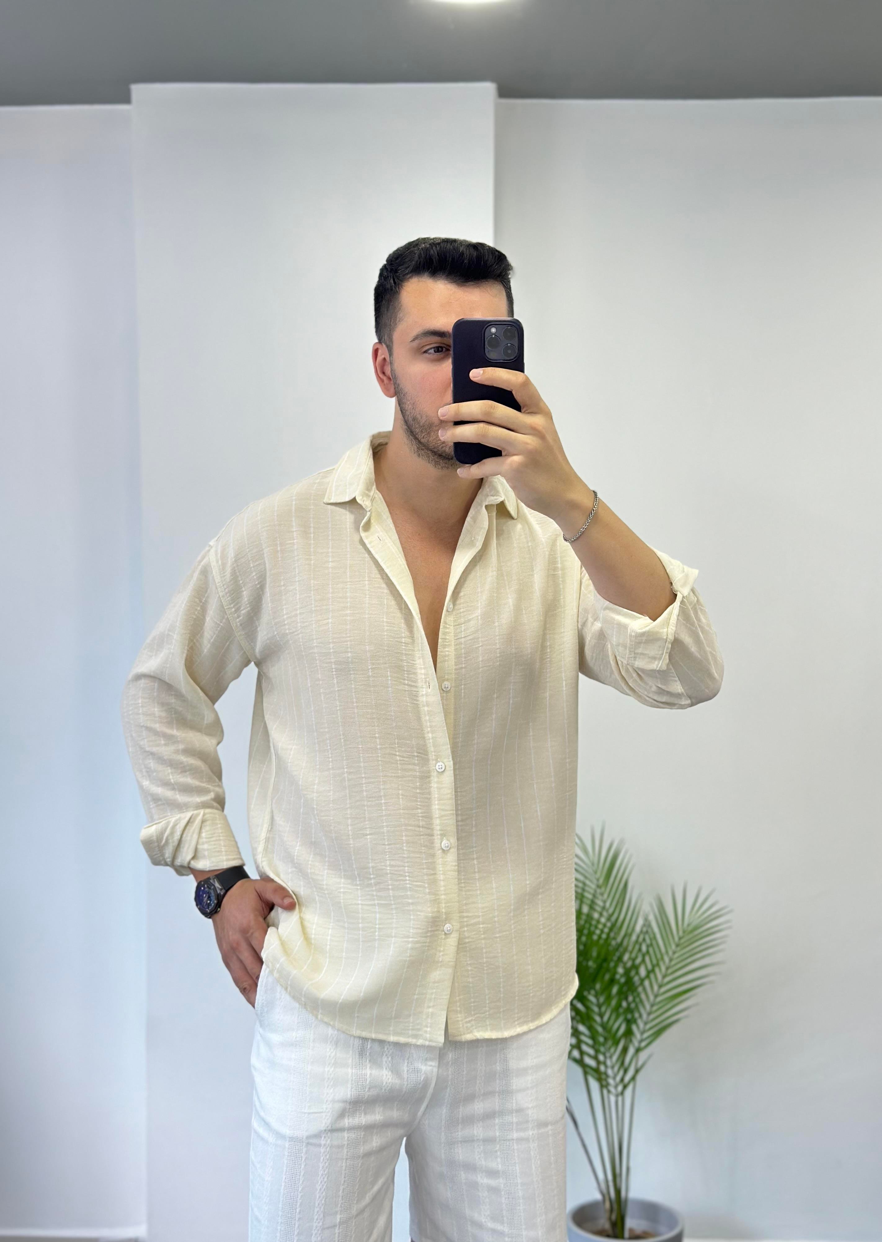 Krem Beyaz Çizgi Oversize Keten Gömlek 