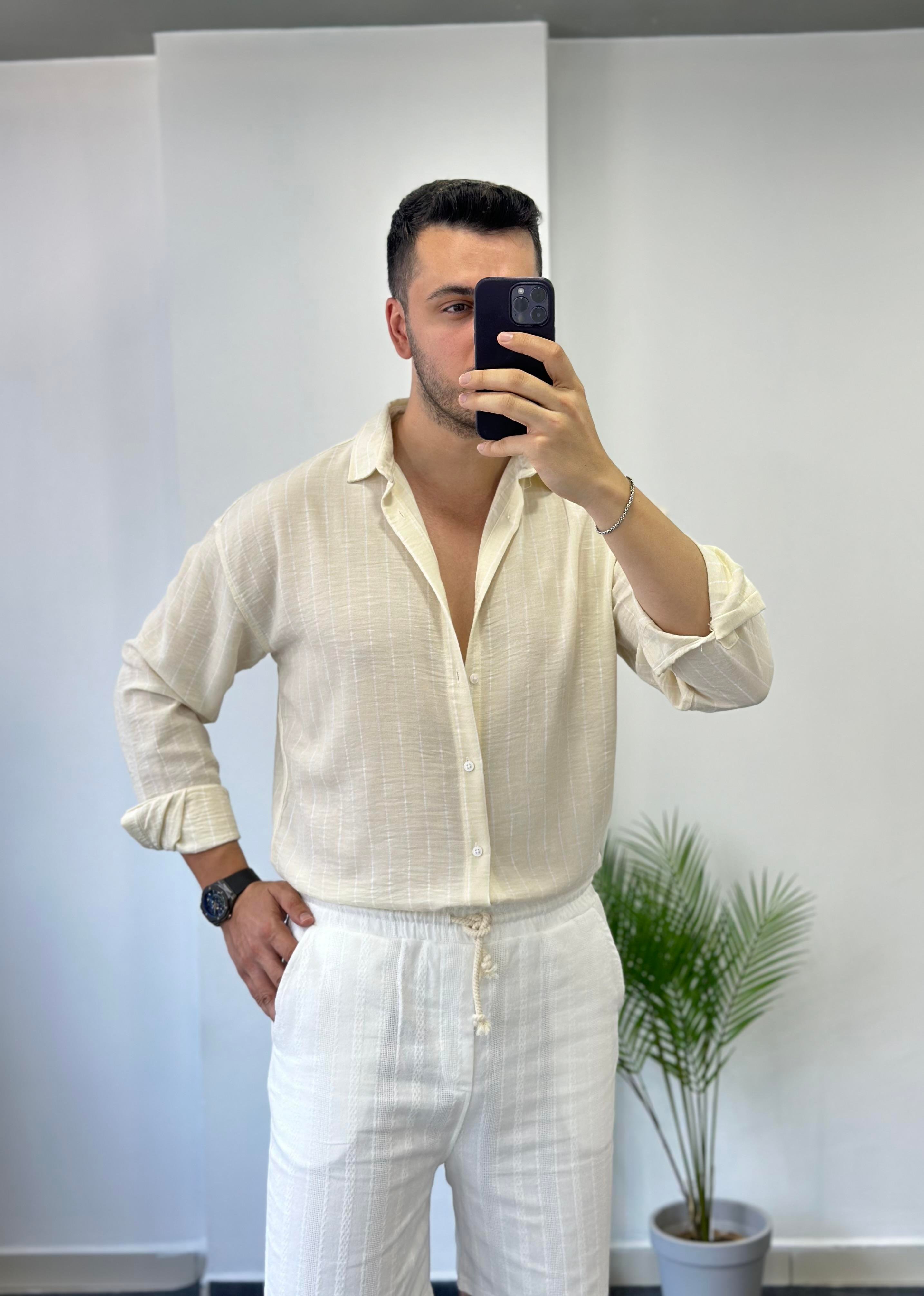 Krem Beyaz Çizgi Oversize Keten Gömlek 
