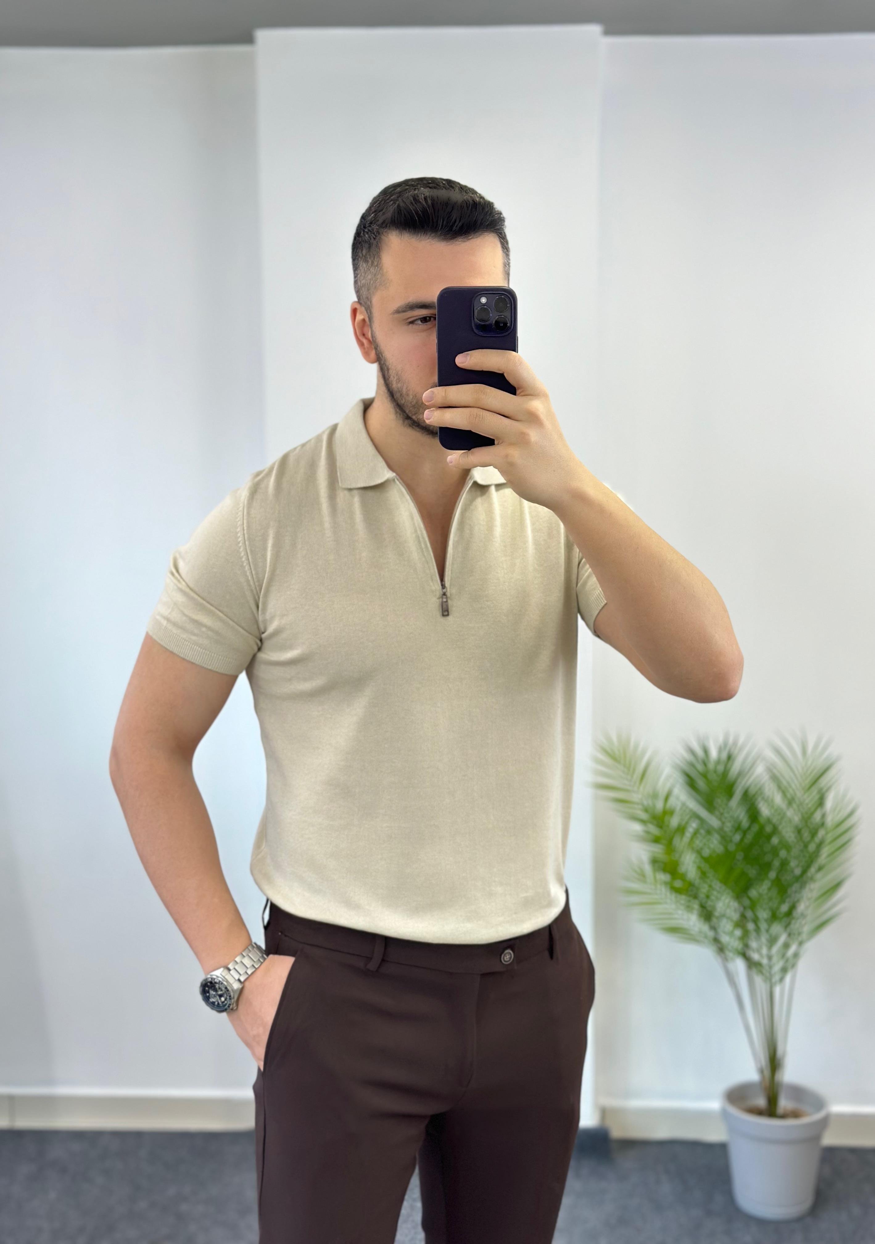 Krem Fermuarlı Triko Tişört