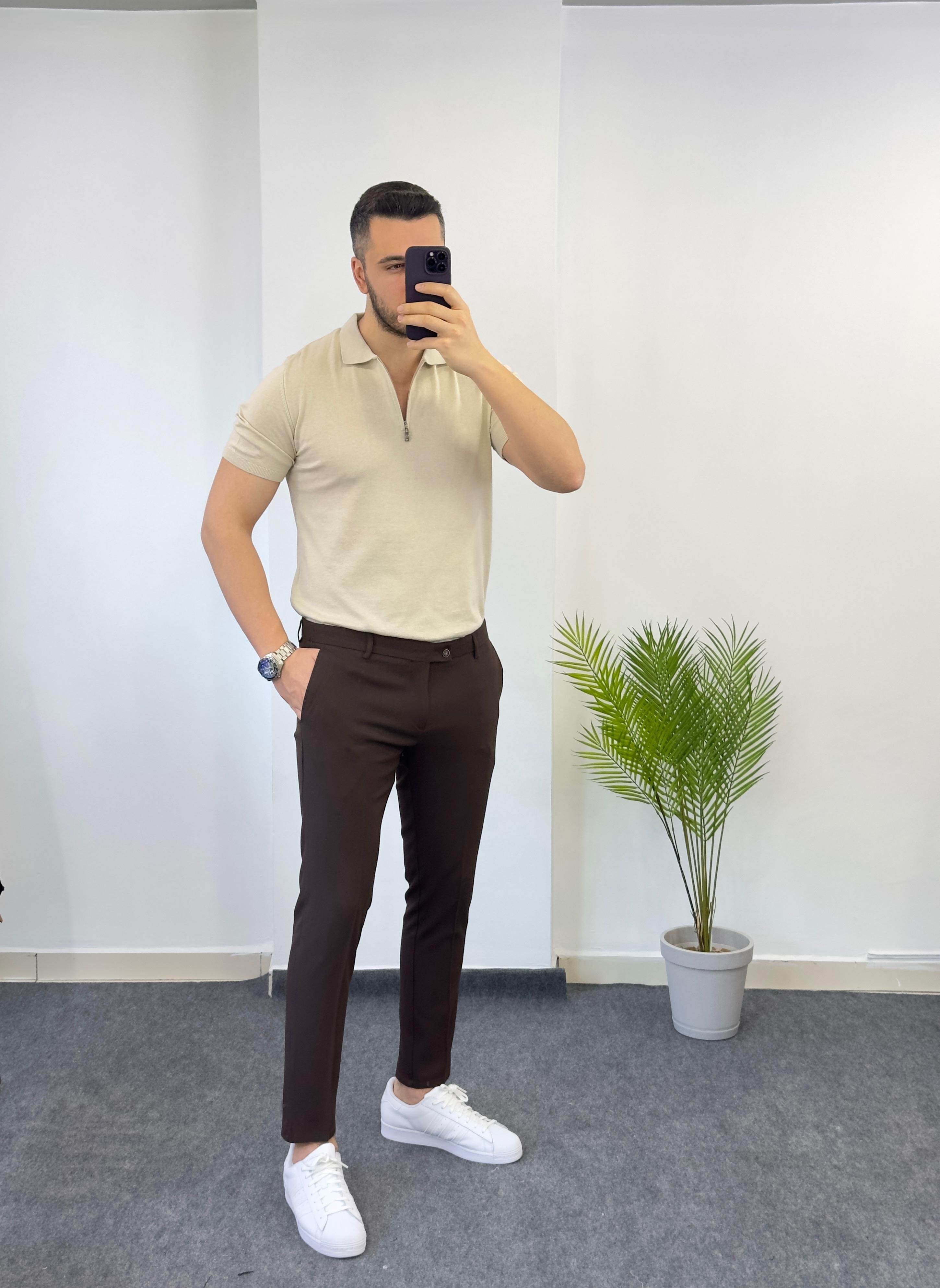 Krem Fermuarlı Triko Tişört