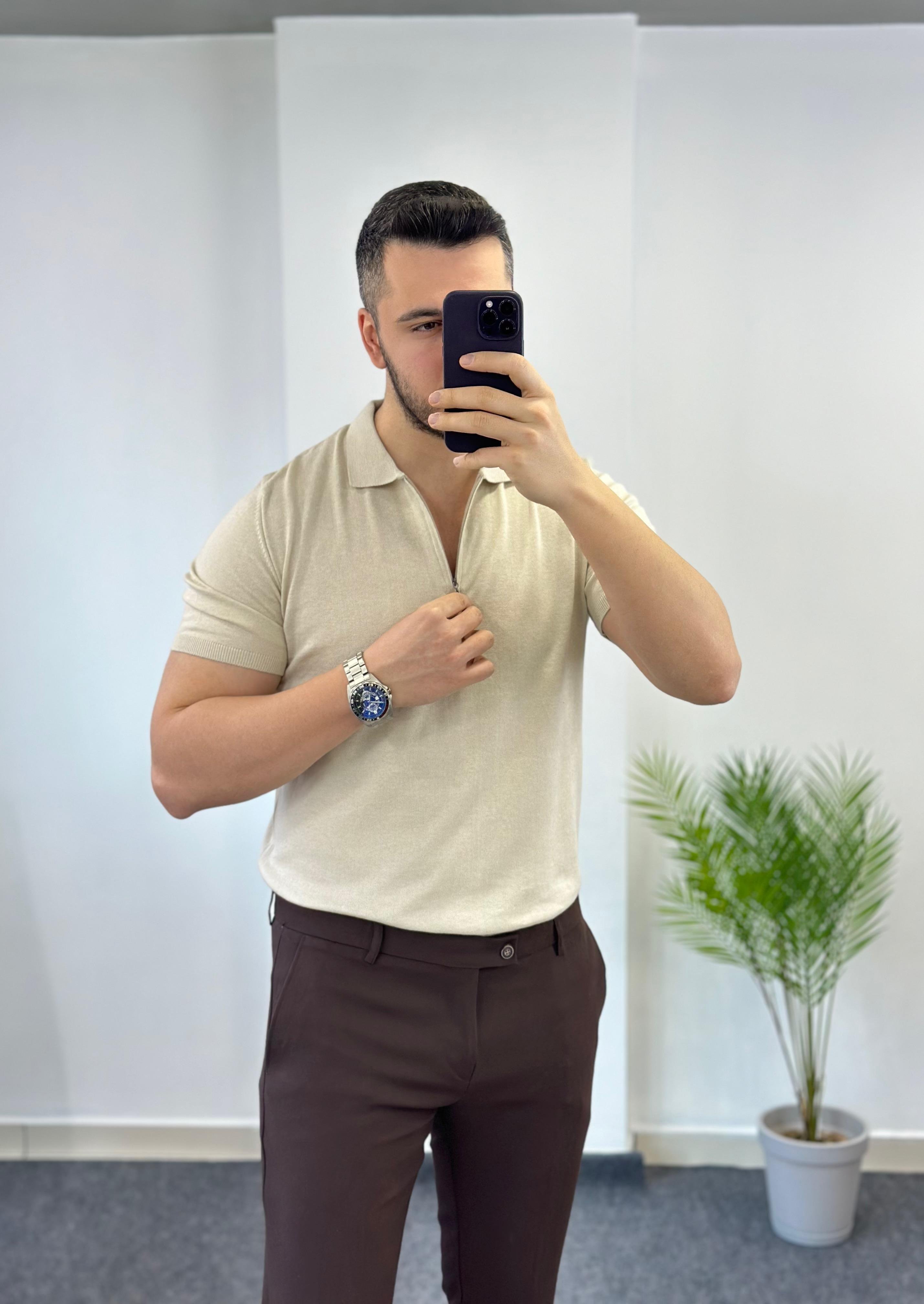 Krem Fermuarlı Triko Tişört