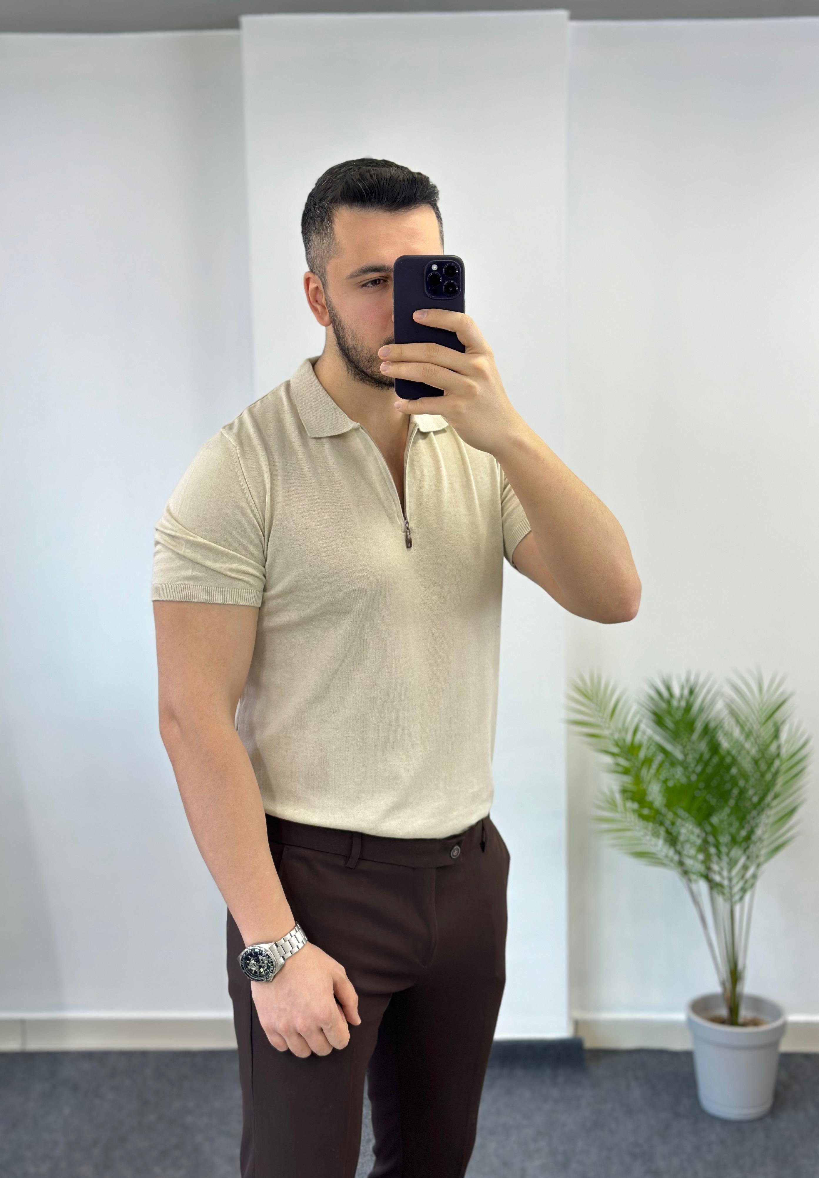 Krem Fermuarlı Triko Tişört