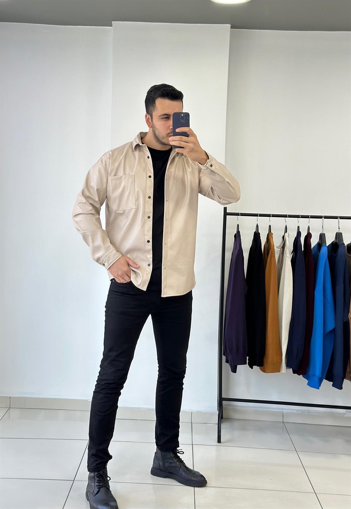 Krem Oversize Deri Gömlek