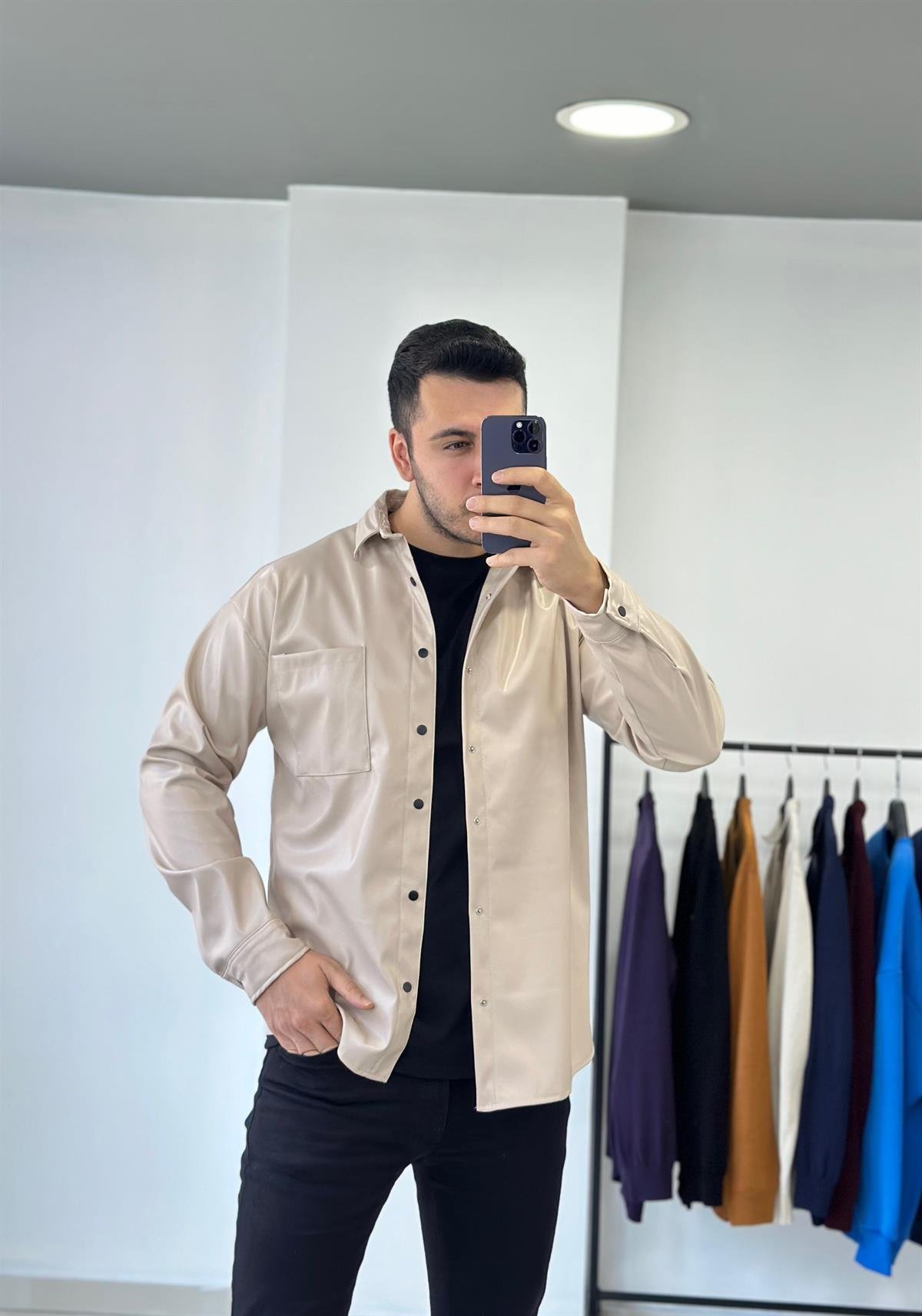 Krem Oversize Deri Gömlek