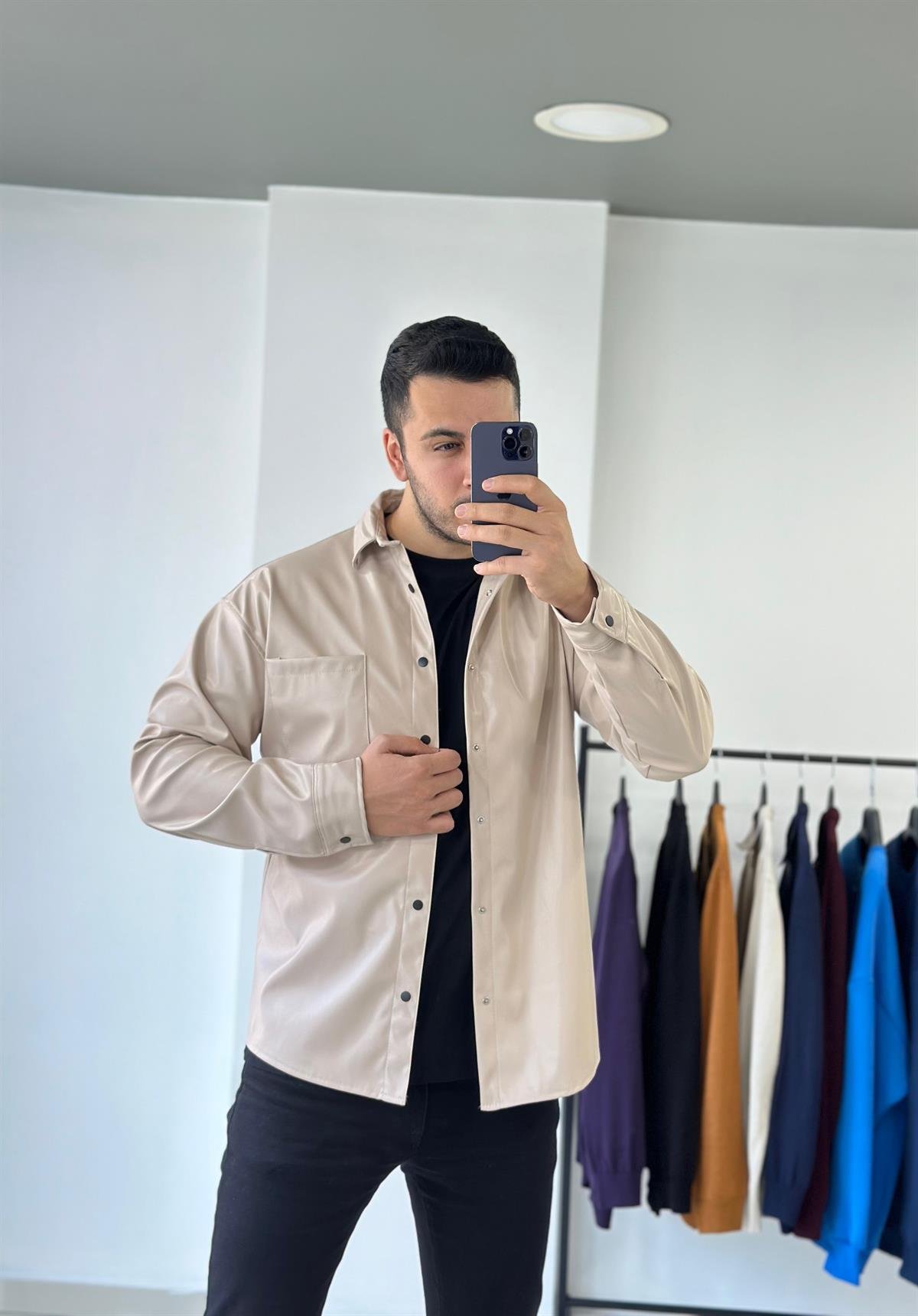 Krem Oversize Deri Gömlek