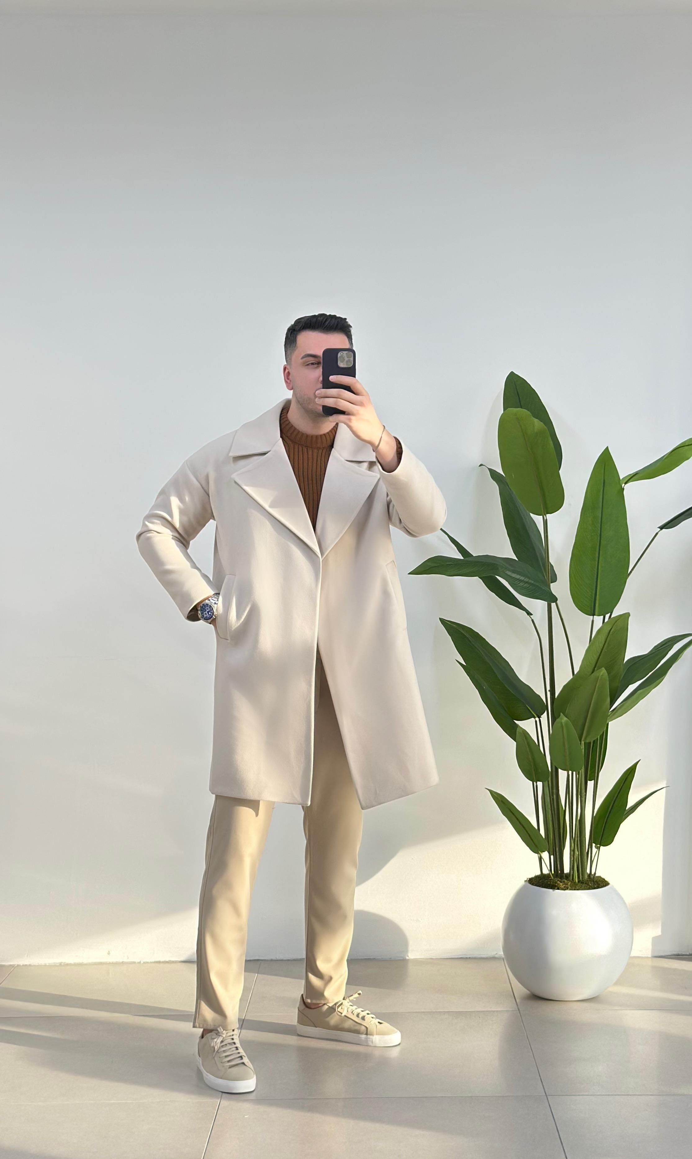 Krem Oversize Kaşe Kaban