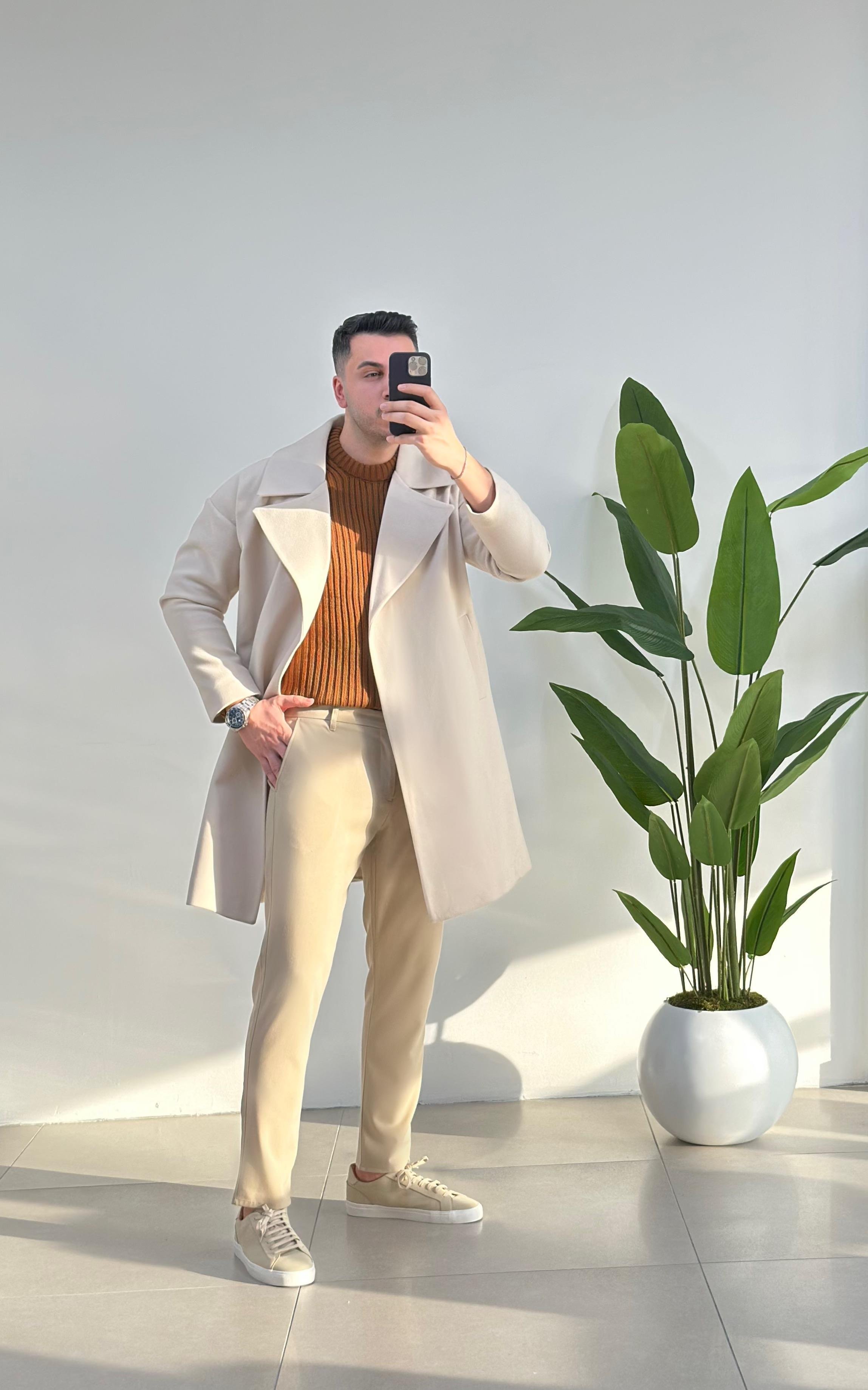 Krem Oversize Kaşe Kaban