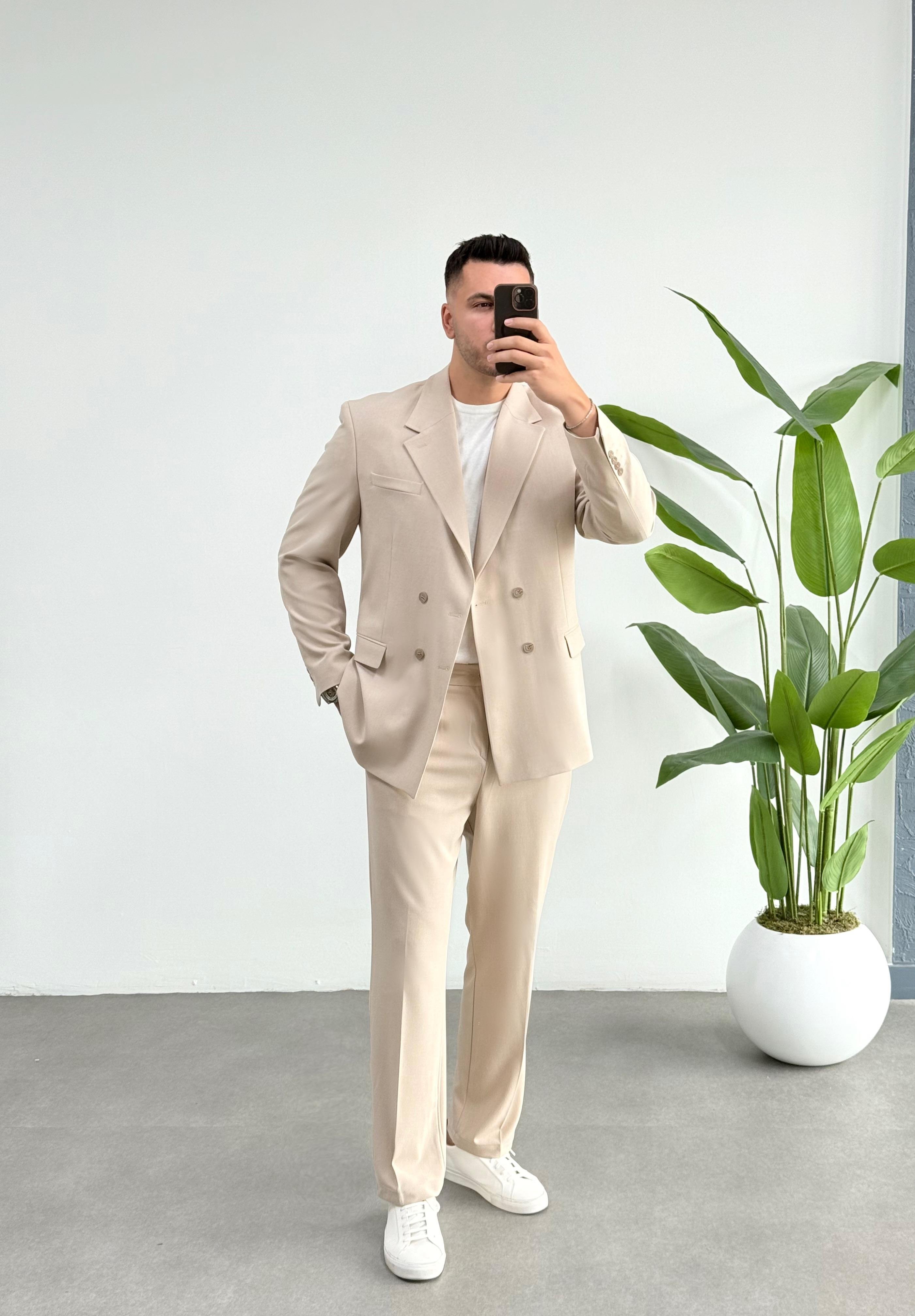 Kruvaze Oversize Bej Takım
