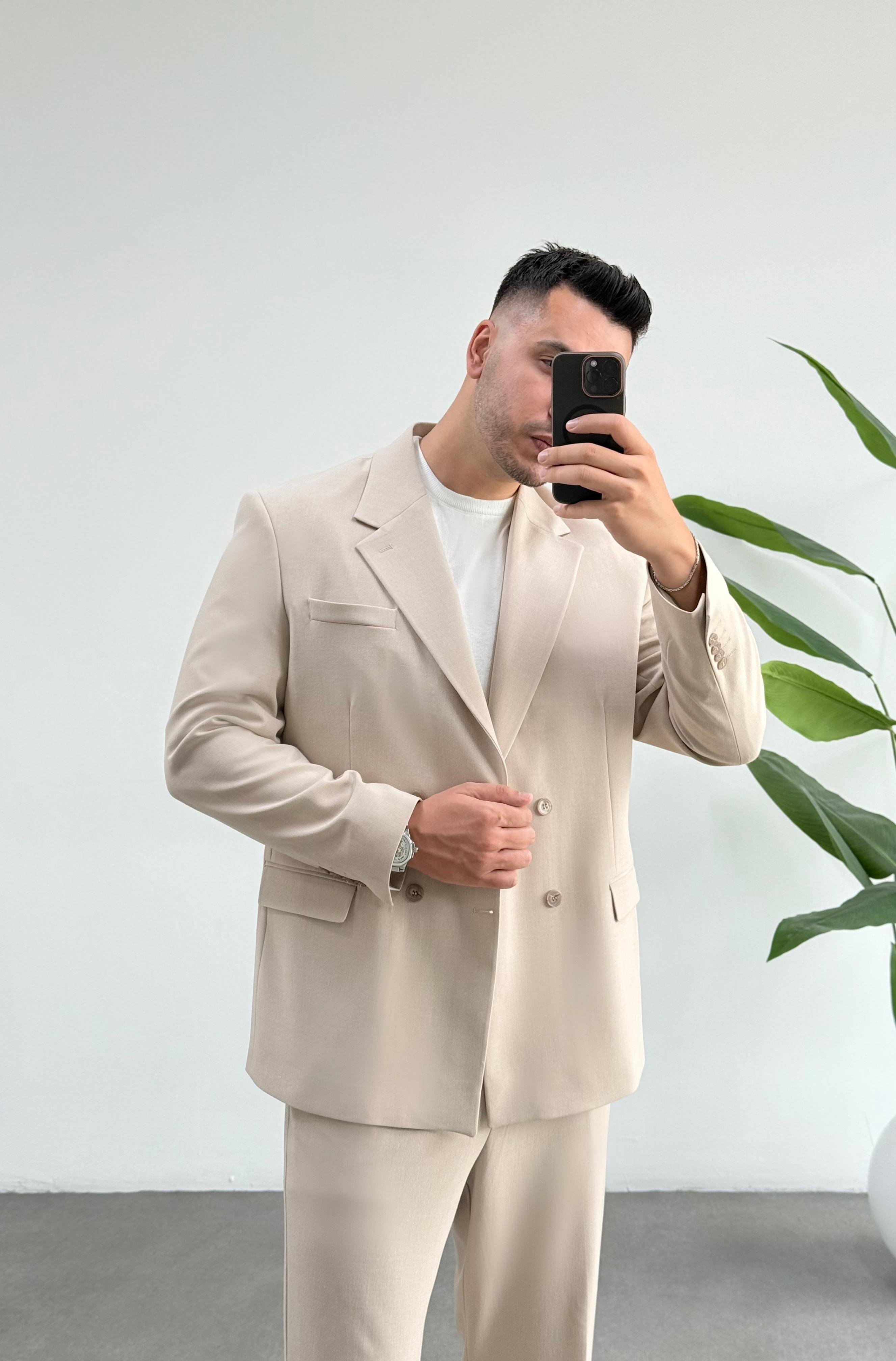 Kruvaze Oversize Bej Takım