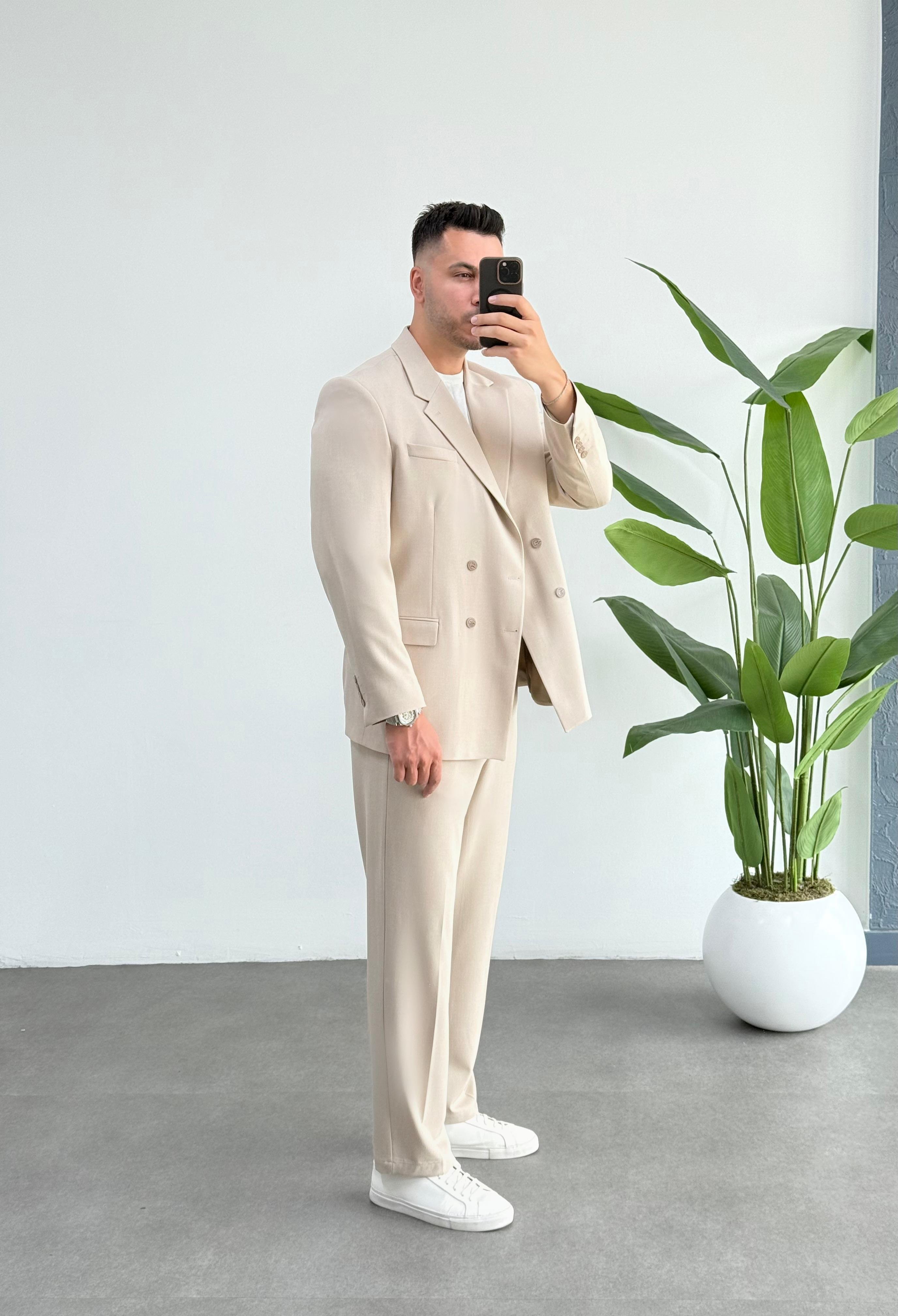 Kruvaze Oversize Bej Takım