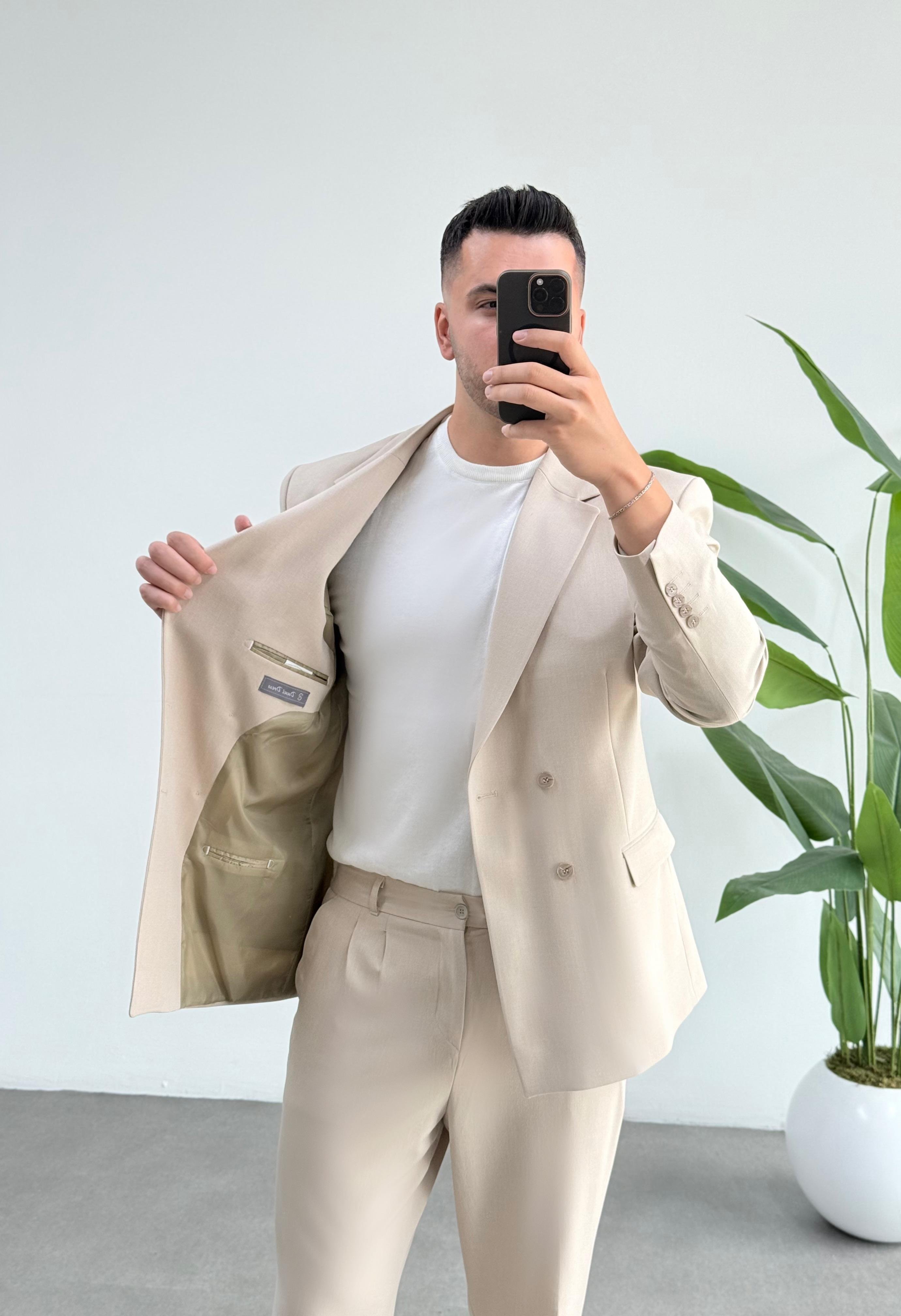 Kruvaze Oversize Bej Takım