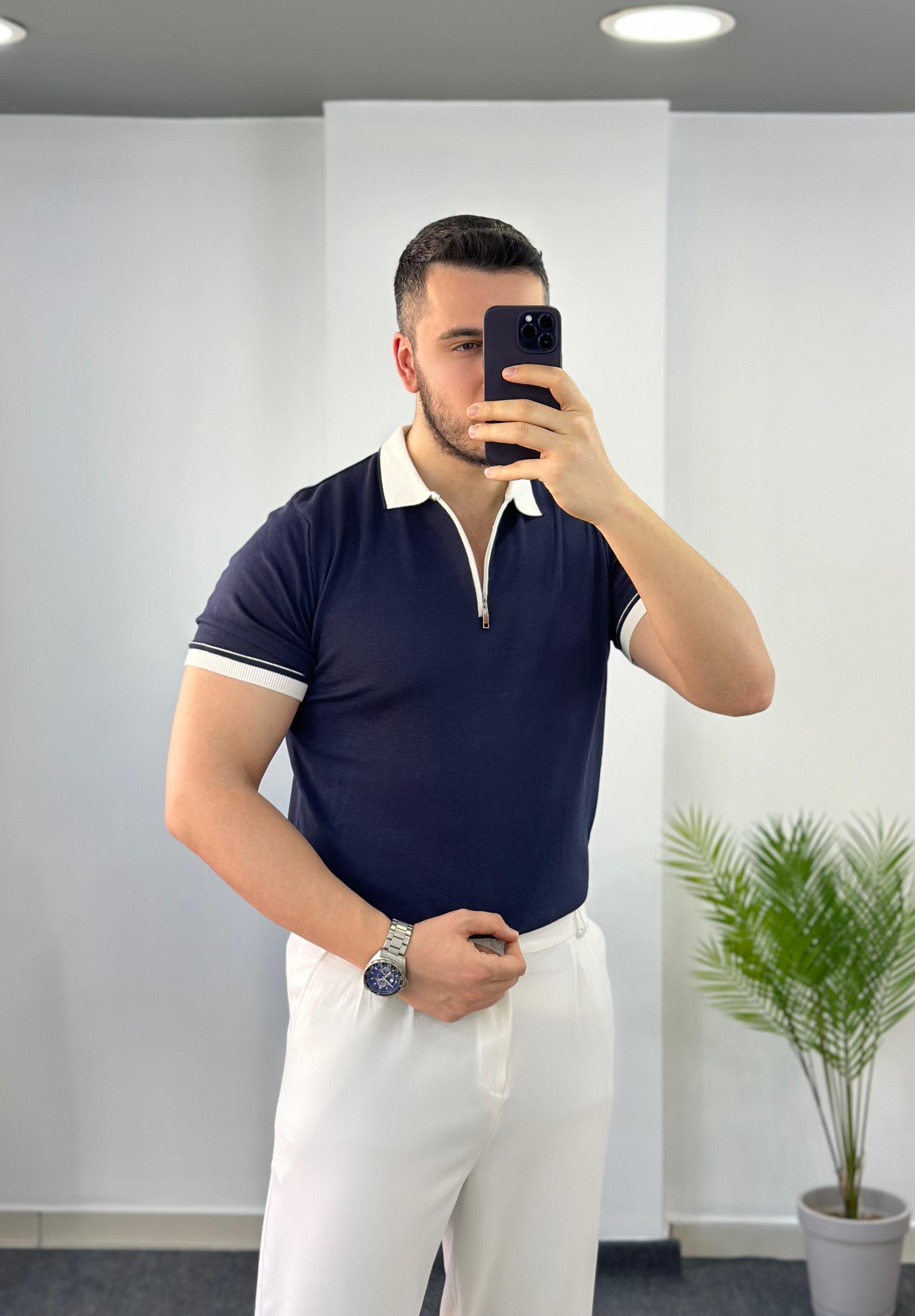 Lacivert Beyaz Fermuarlı Triko Tişört 