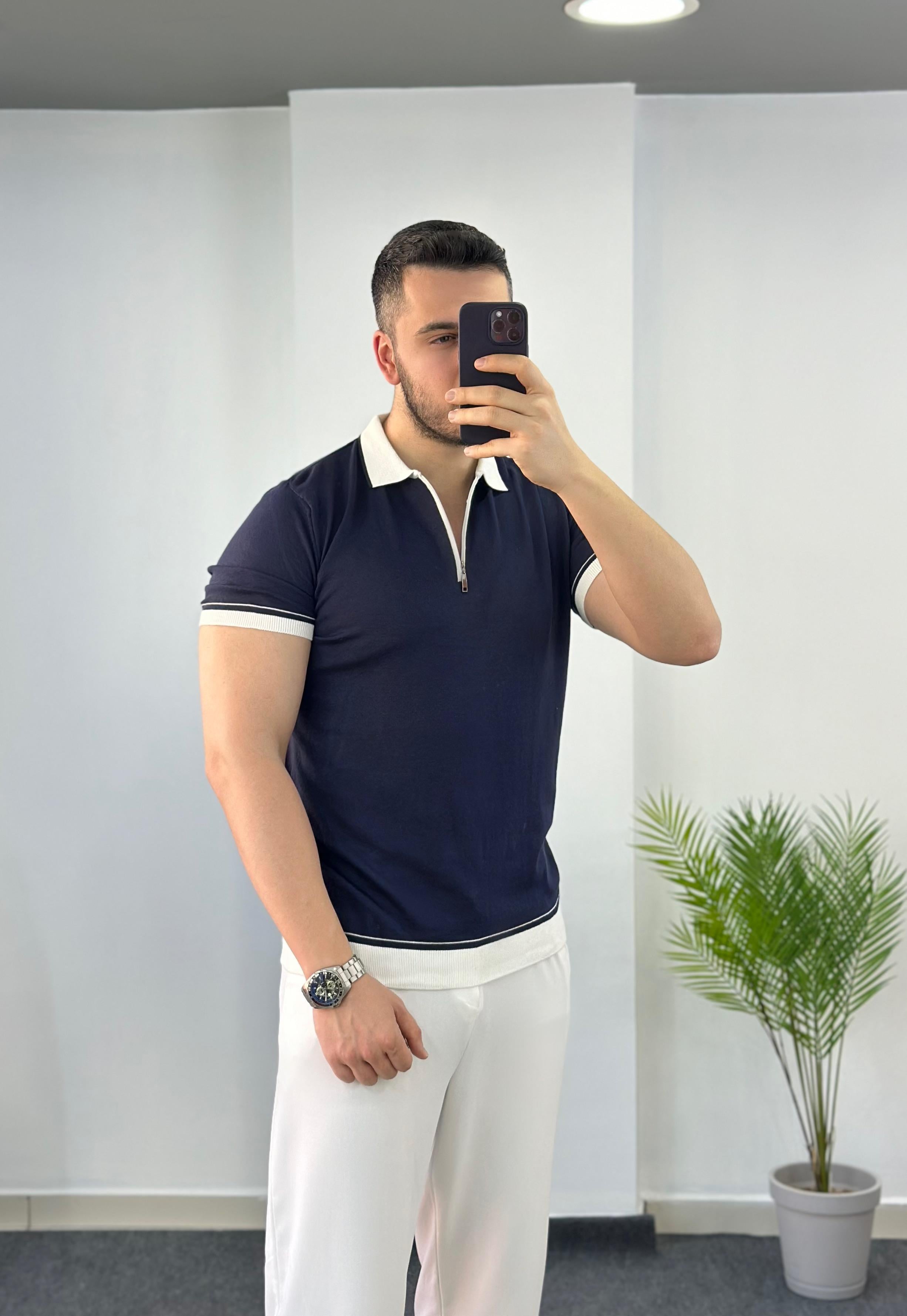 Lacivert Beyaz Fermuarlı Triko Tişört 