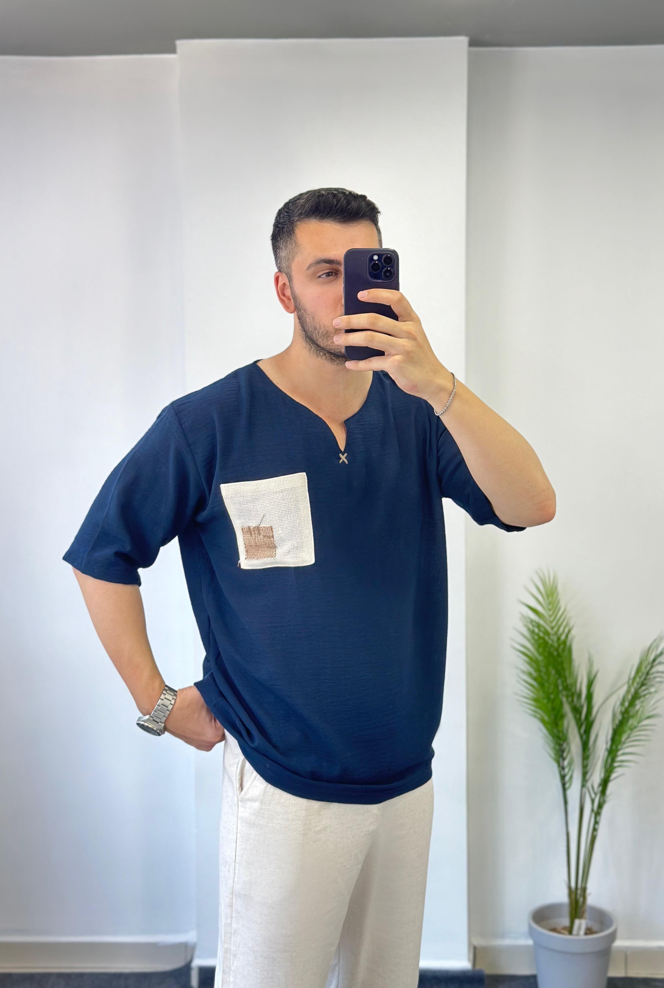 Lacivert Etnik Bohem Oversize Keten Tişört 