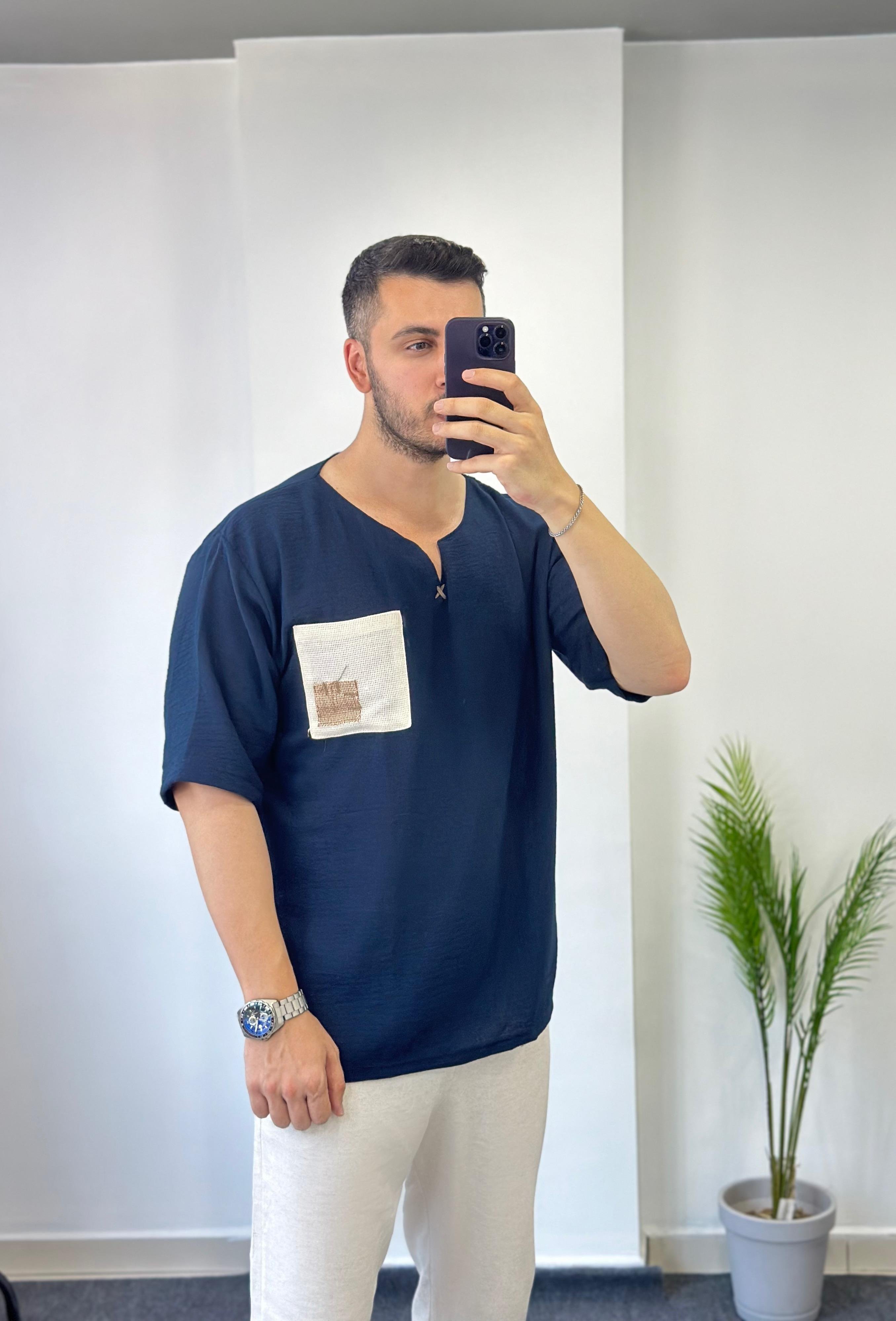 Lacivert Etnik Bohem Oversize Keten Tişört 