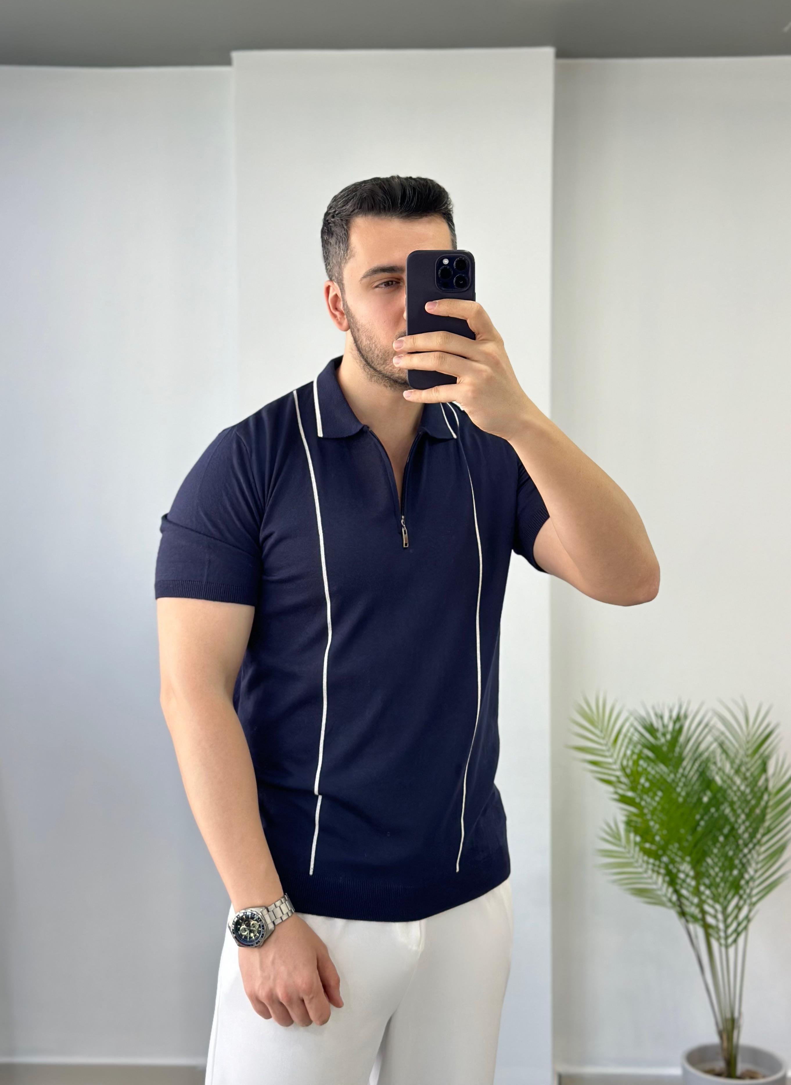 Lacivert İnce Çizgi Detay Triko Tişört 