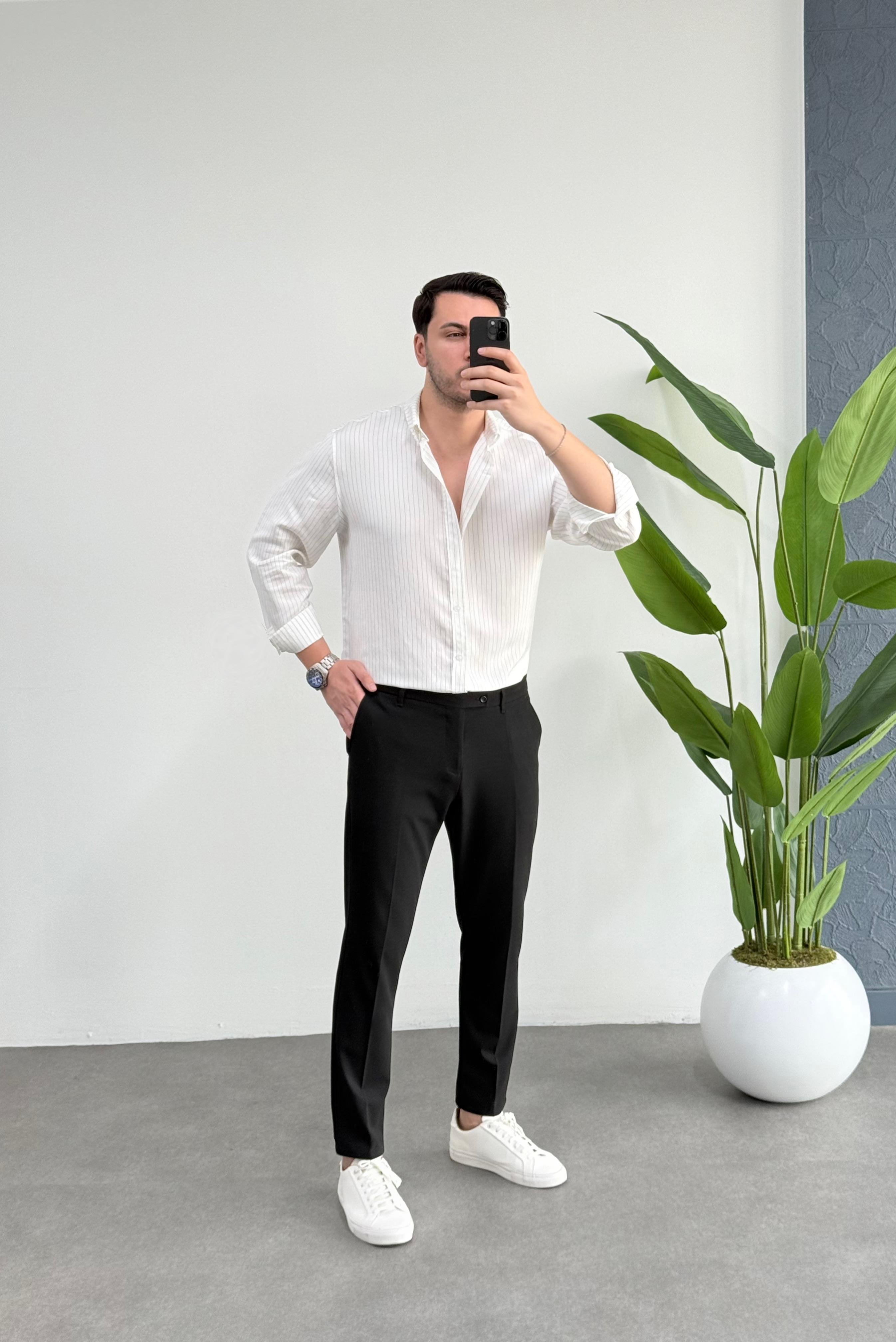 Linen Beyaz Çizgili Oversize Tensel Gömlek 
