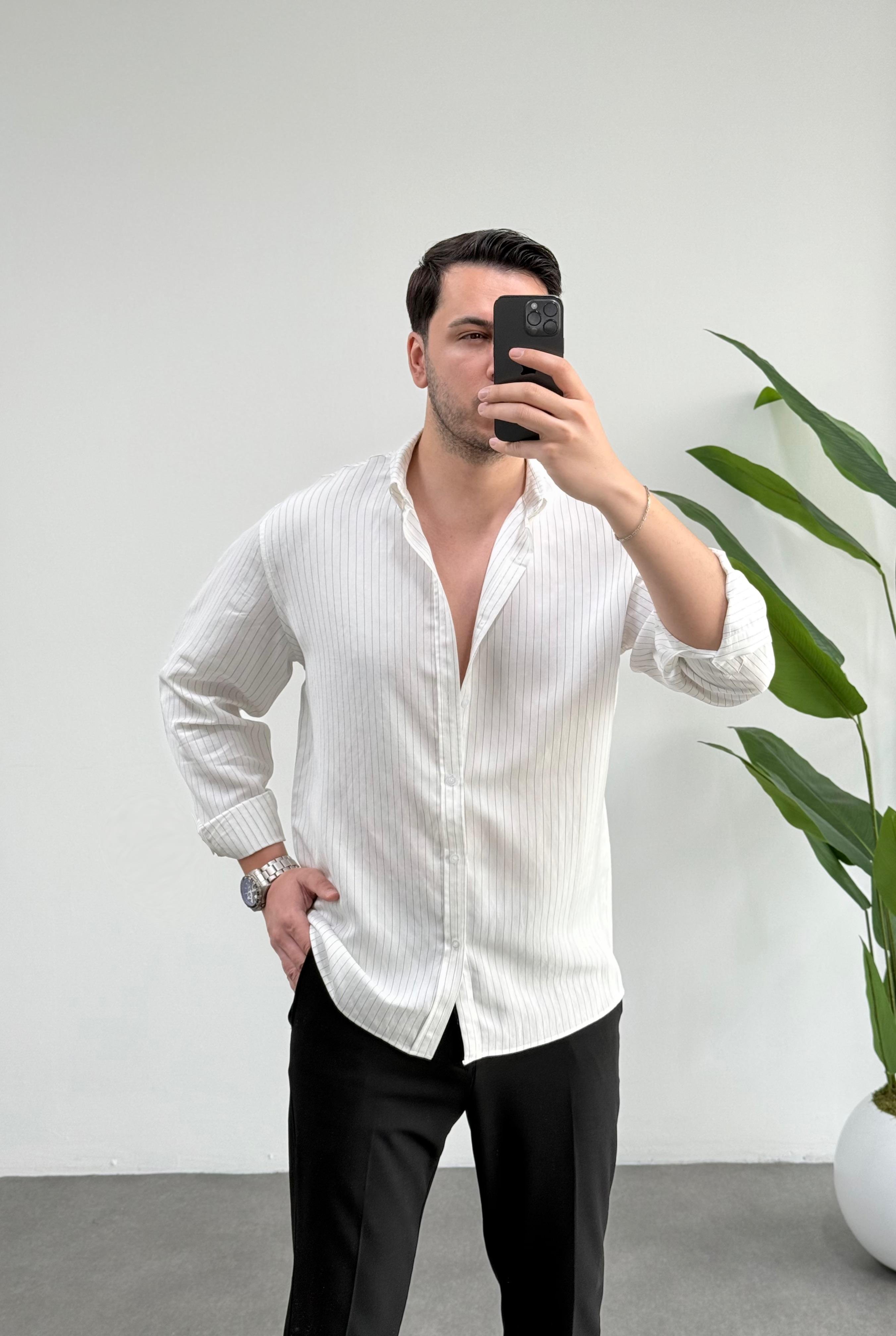 Linen Beyaz Çizgili Oversize Tensel Gömlek 