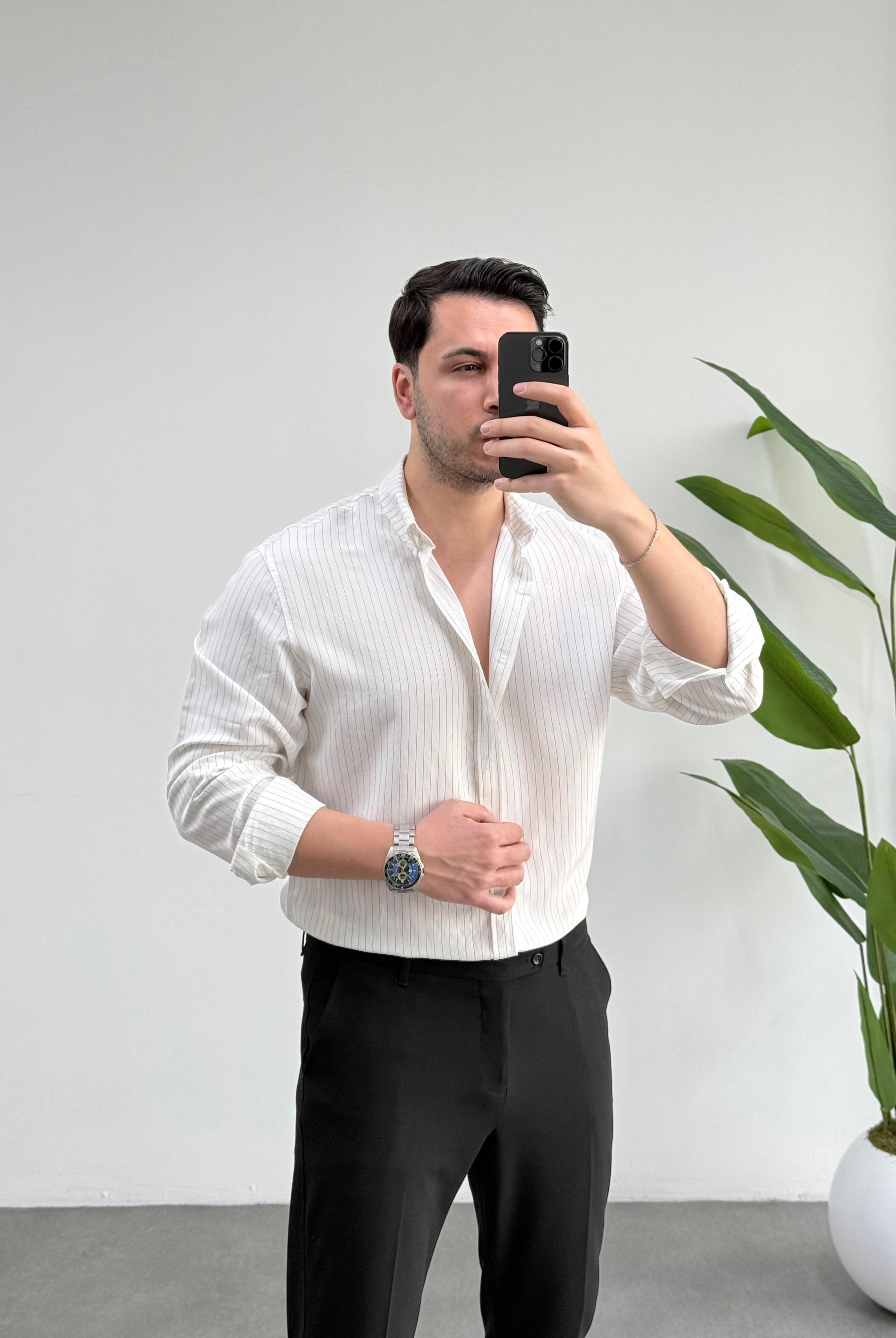 Linen Beyaz Çizgili Oversize Tensel Gömlek 