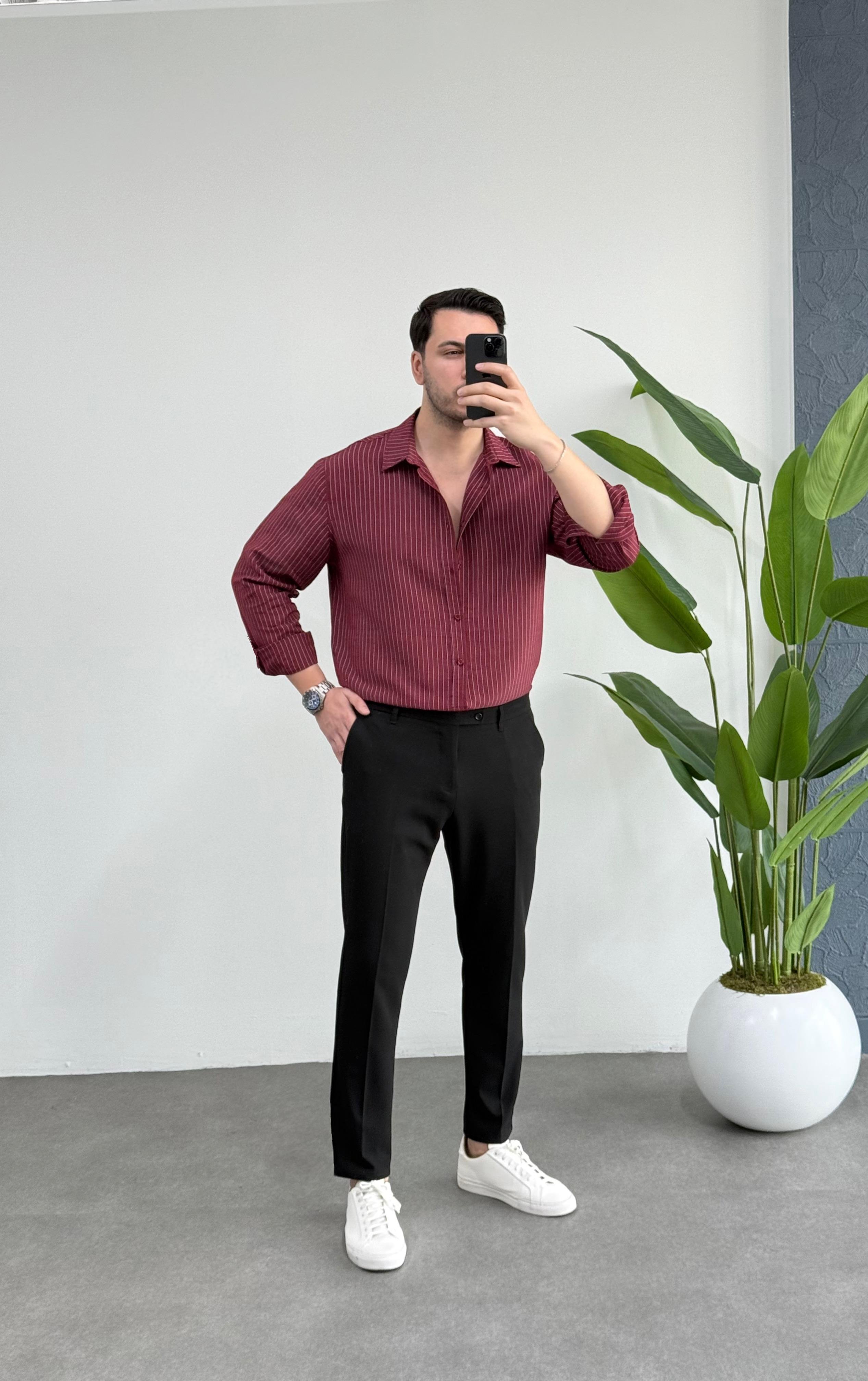 Linen Bordo Çizgili Oversize Tensel Gömlek 