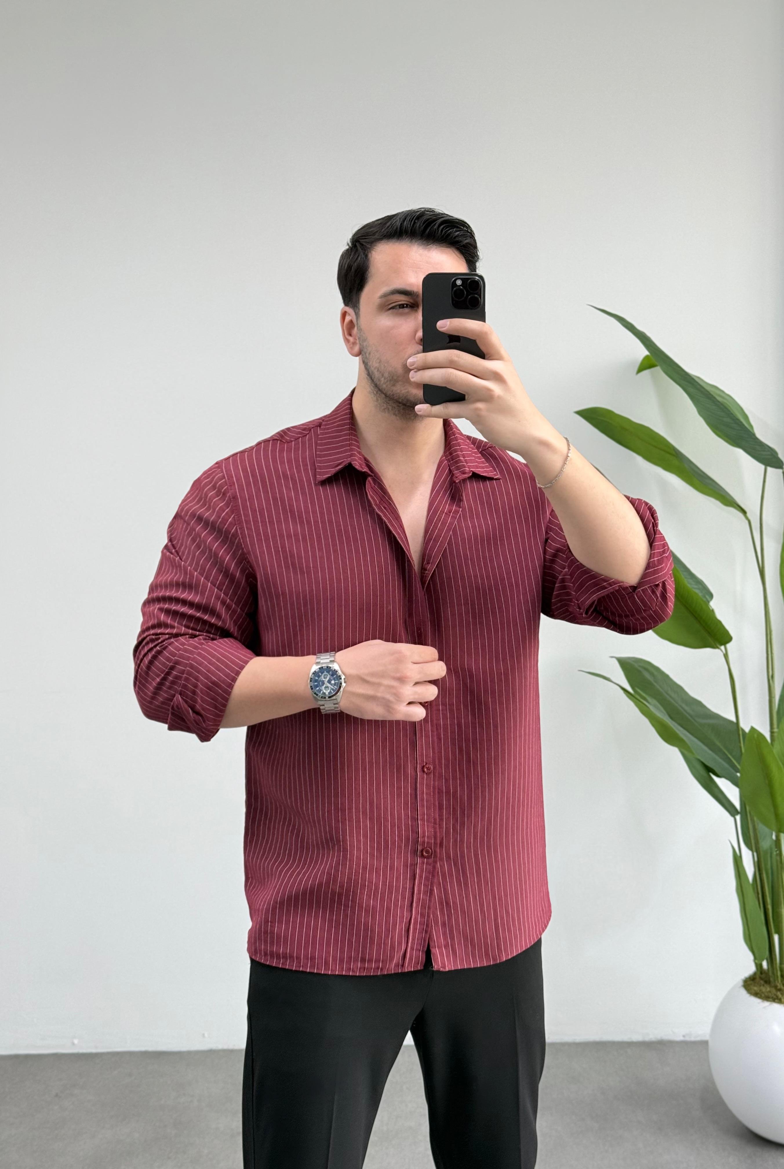 Linen Bordo Çizgili Oversize Tensel Gömlek 