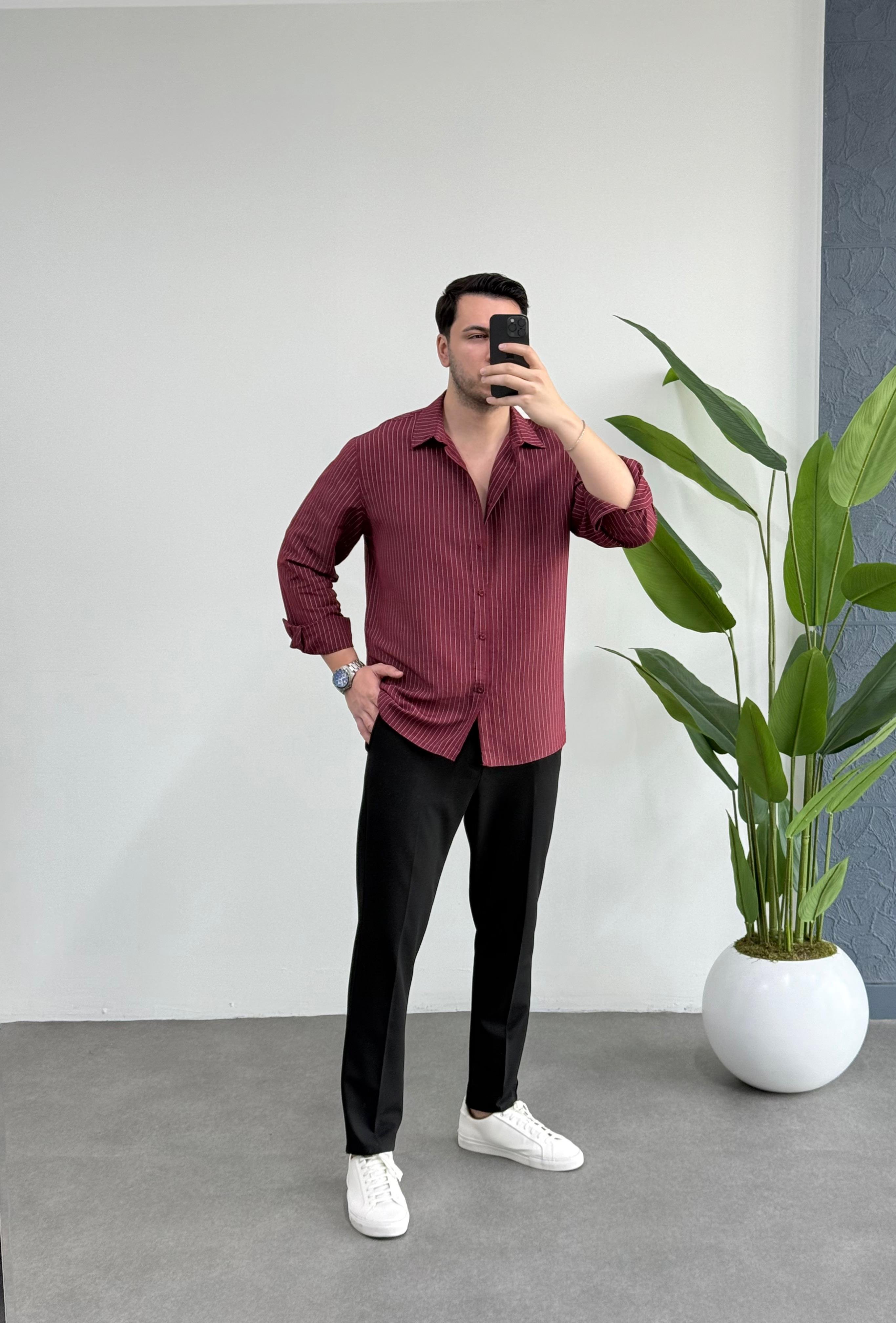 Linen Bordo Çizgili Oversize Tensel Gömlek 