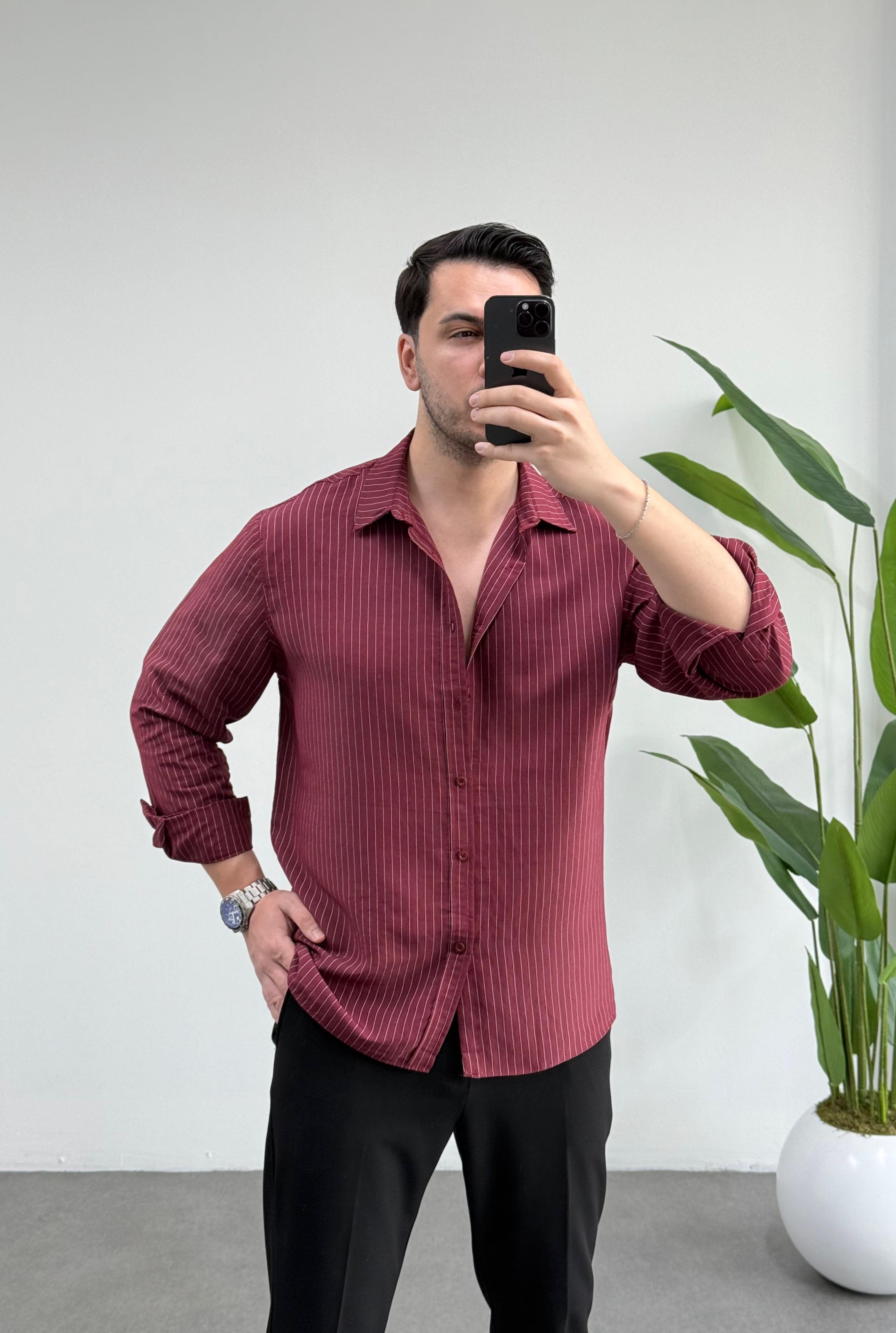 Linen Bordo Çizgili Oversize Tensel Gömlek 