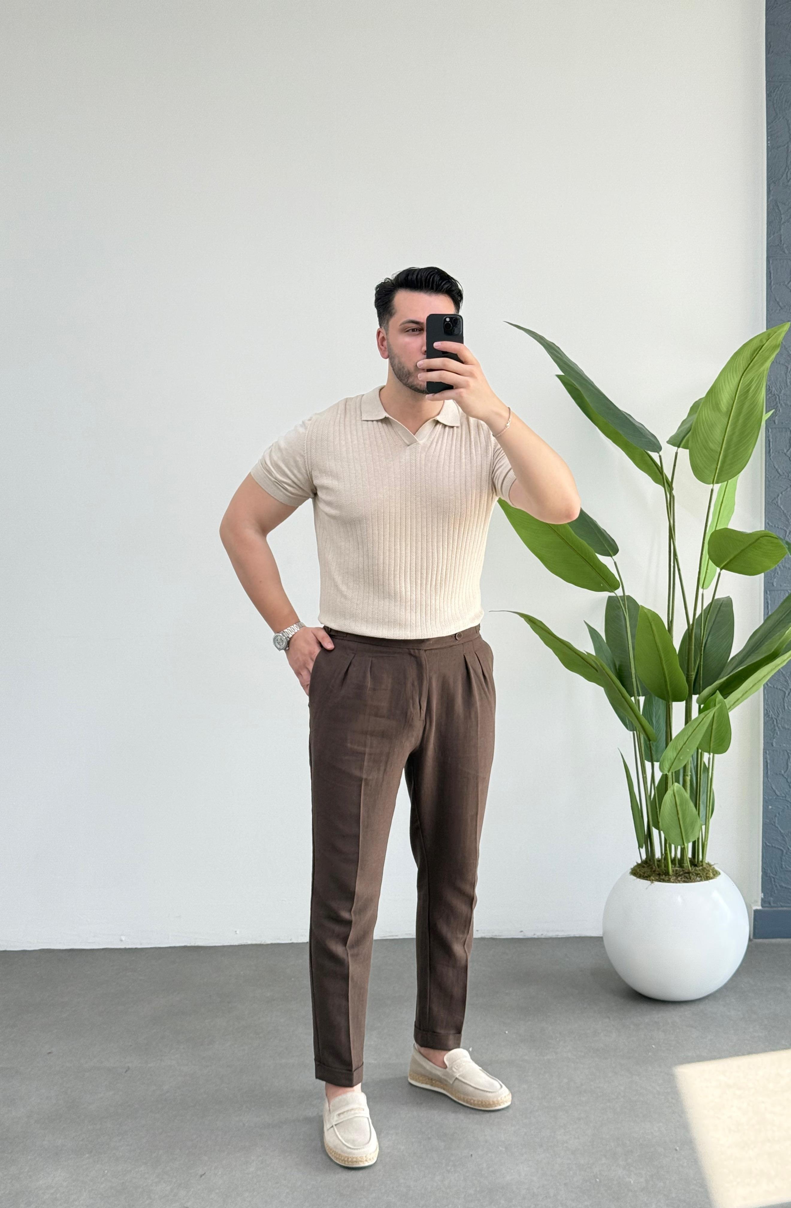 Luis Bej Polo Yaka Örme Tişört 