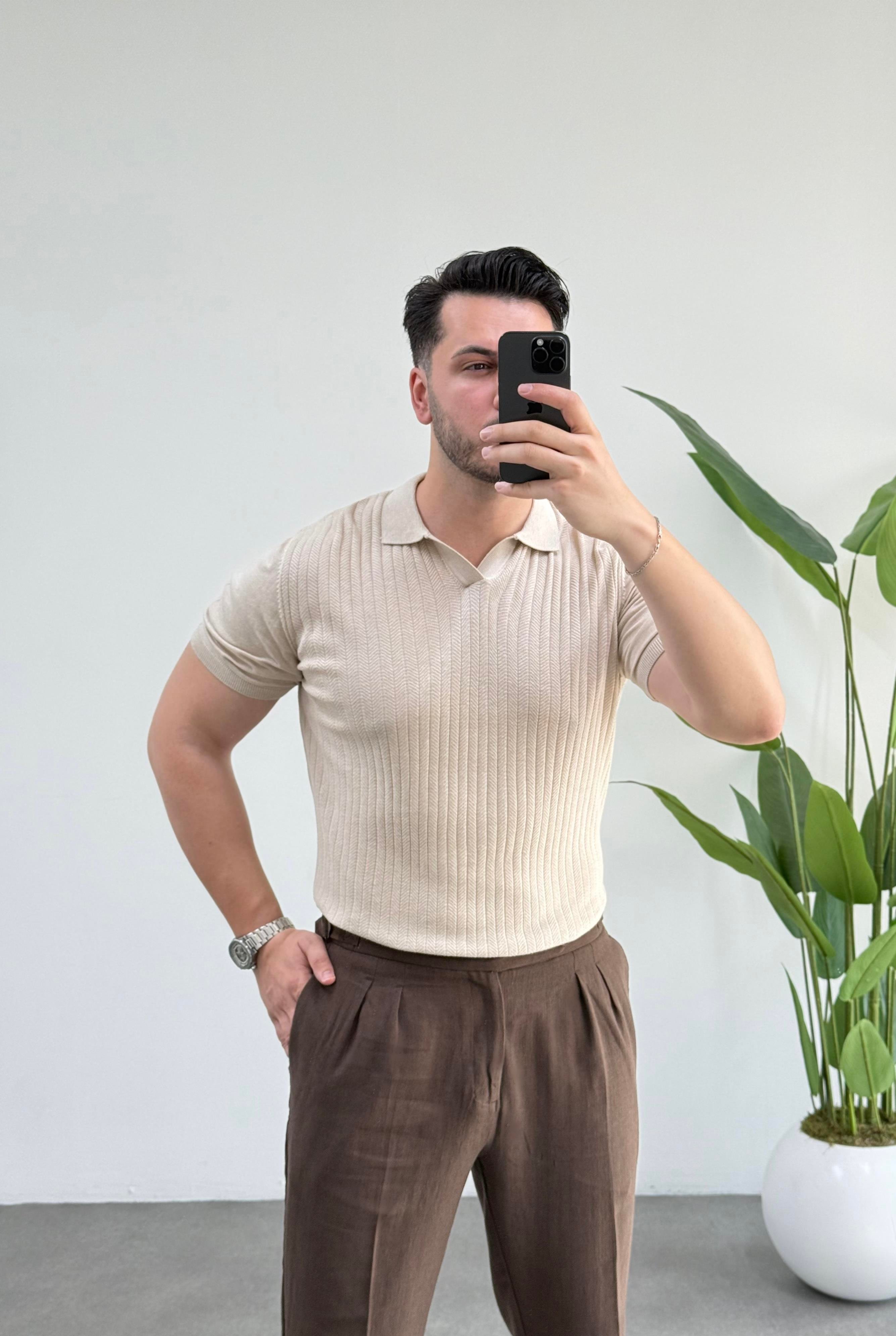 Luis Bej Polo Yaka Örme Tişört 