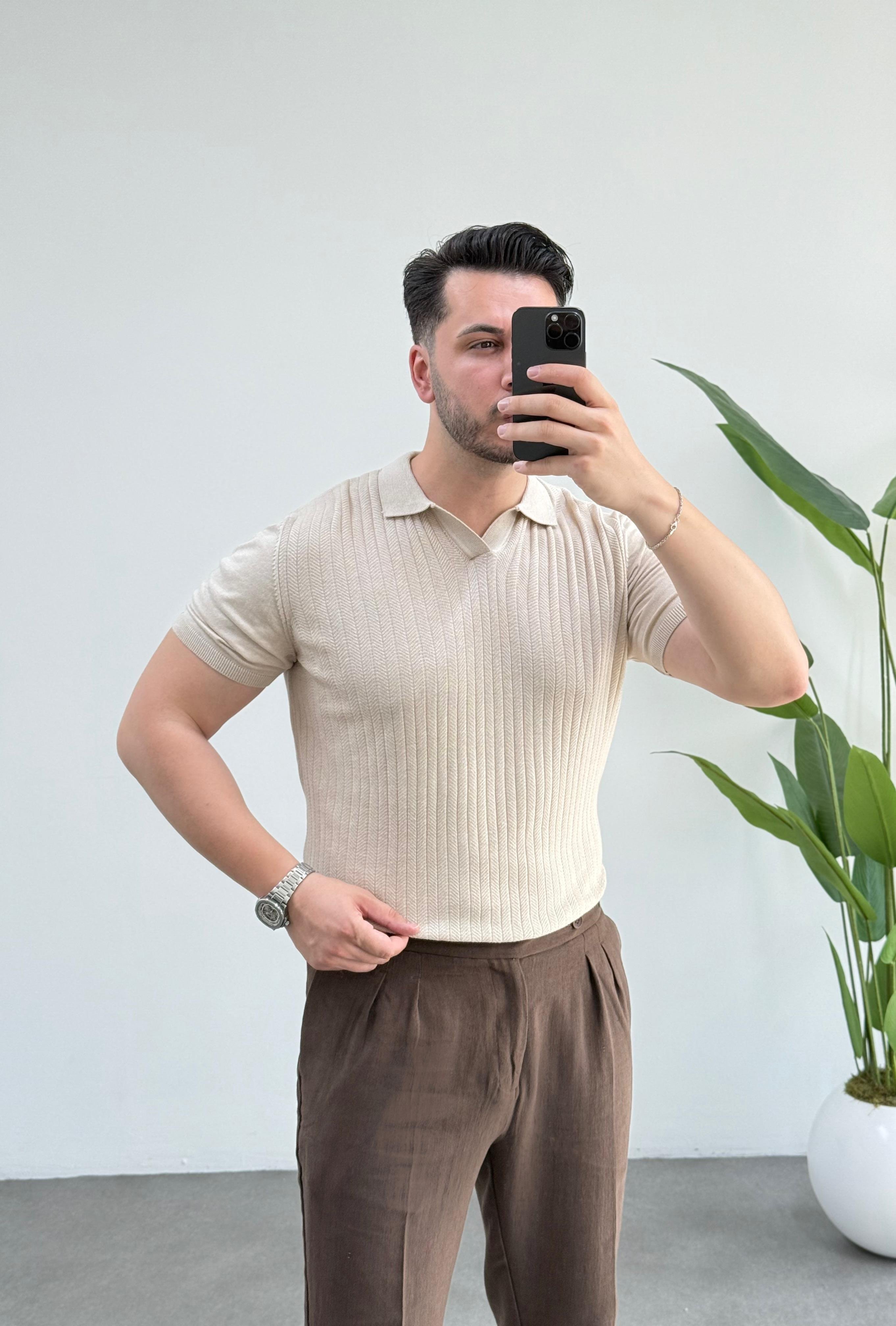 Luis Bej Polo Yaka Örme Tişört 