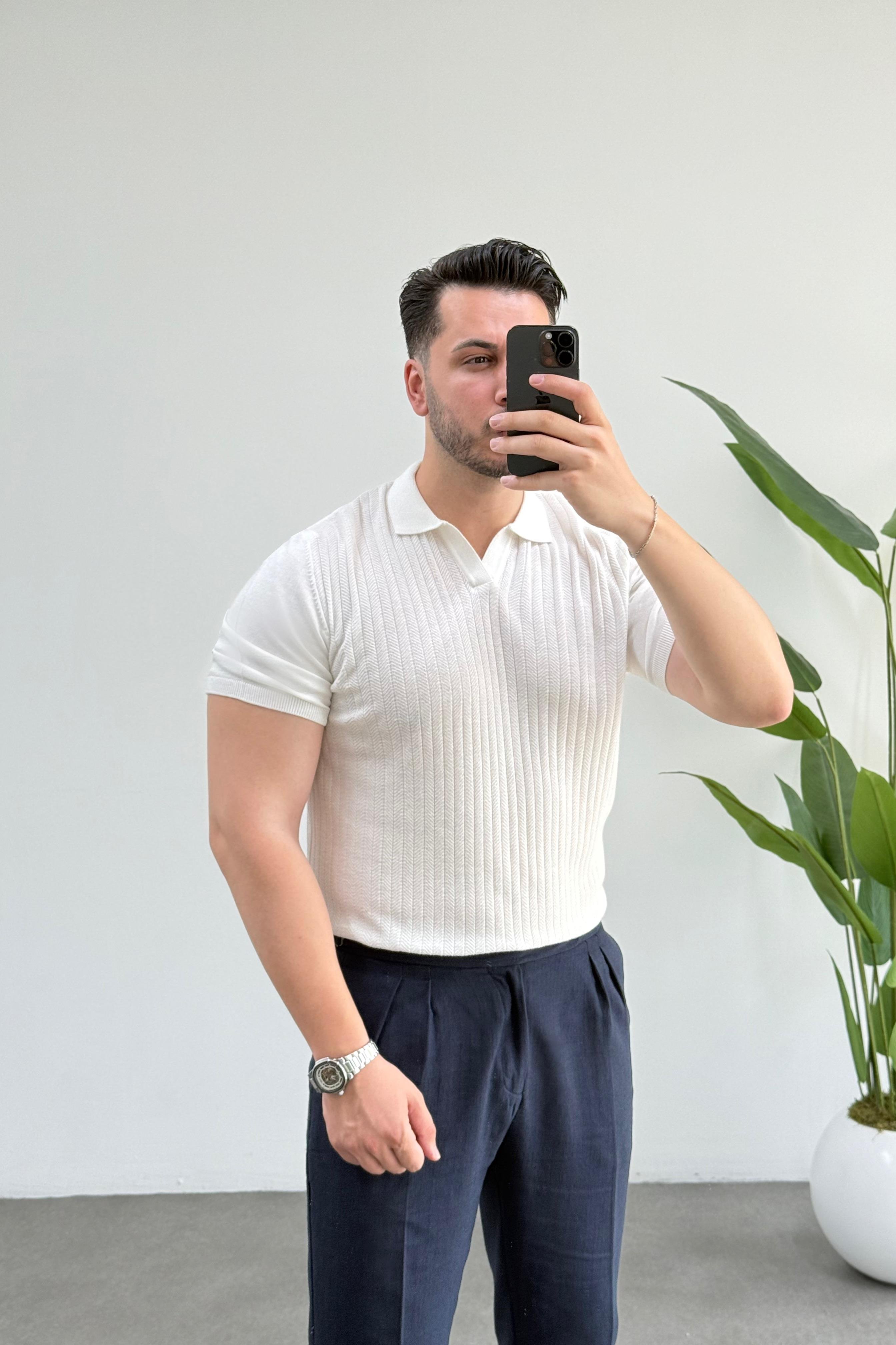 Luis Beyaz Polo Yaka Örme Tişört 