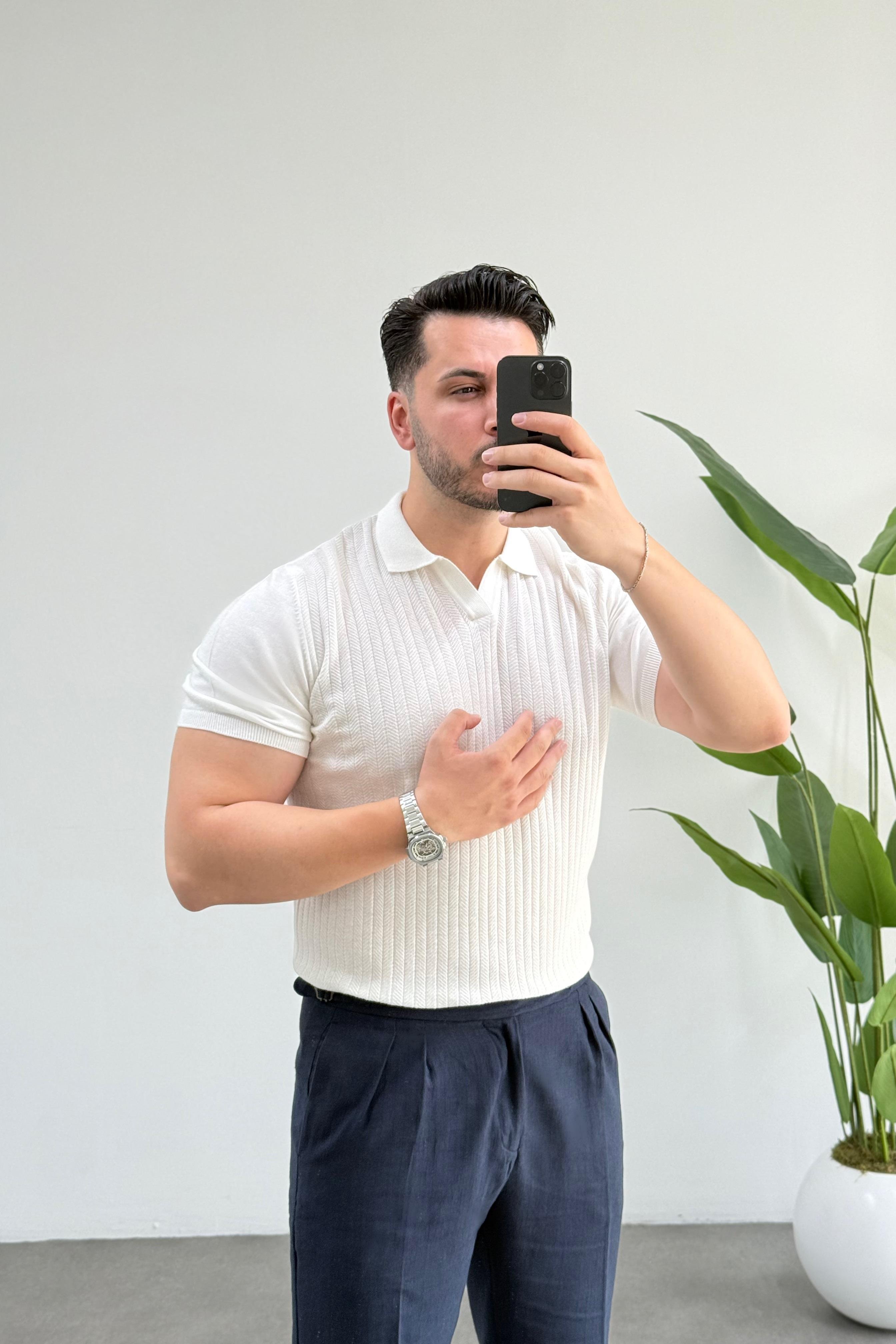 Luis Beyaz Polo Yaka Örme Tişört 