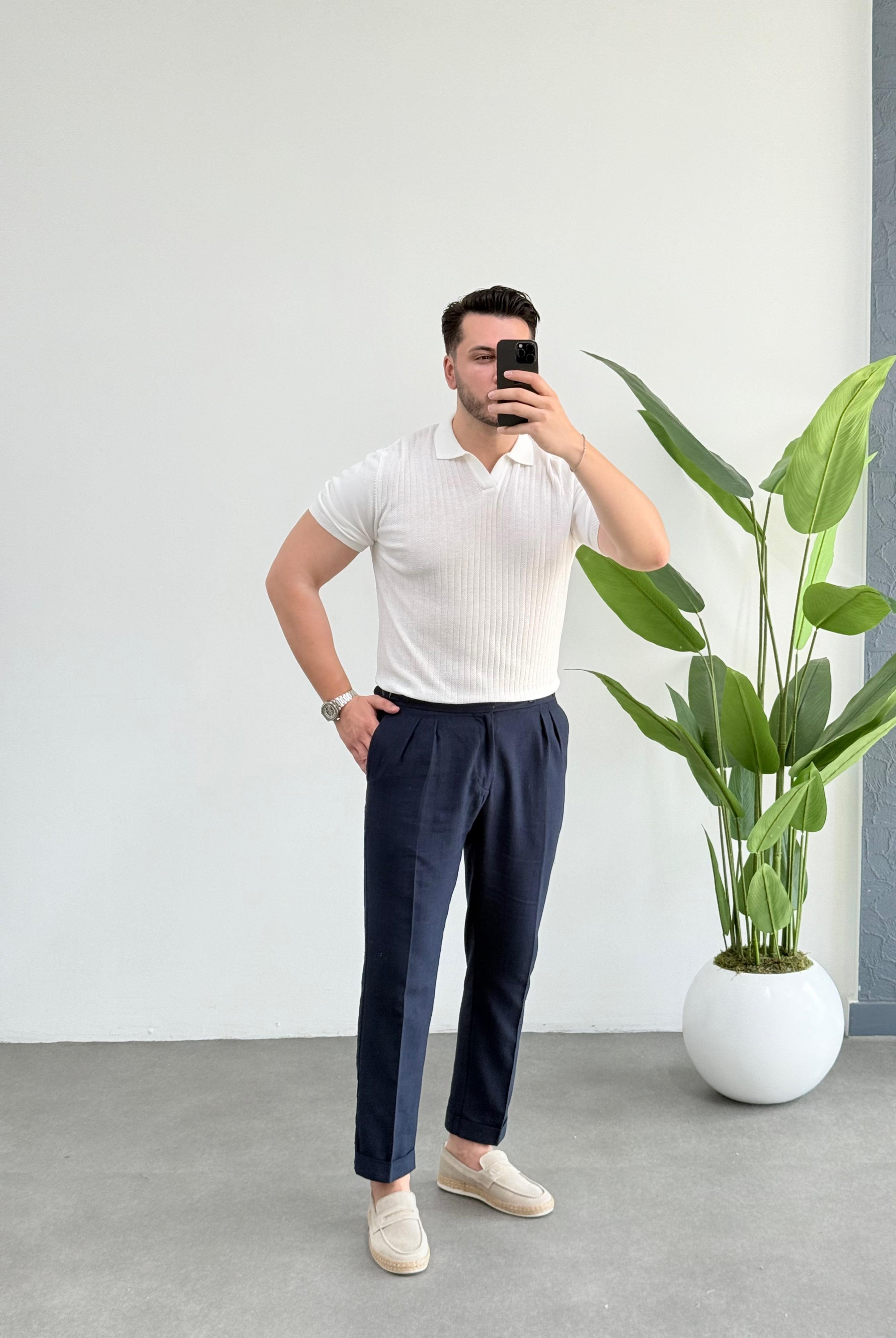 Luis Beyaz Polo Yaka Örme Tişört 
