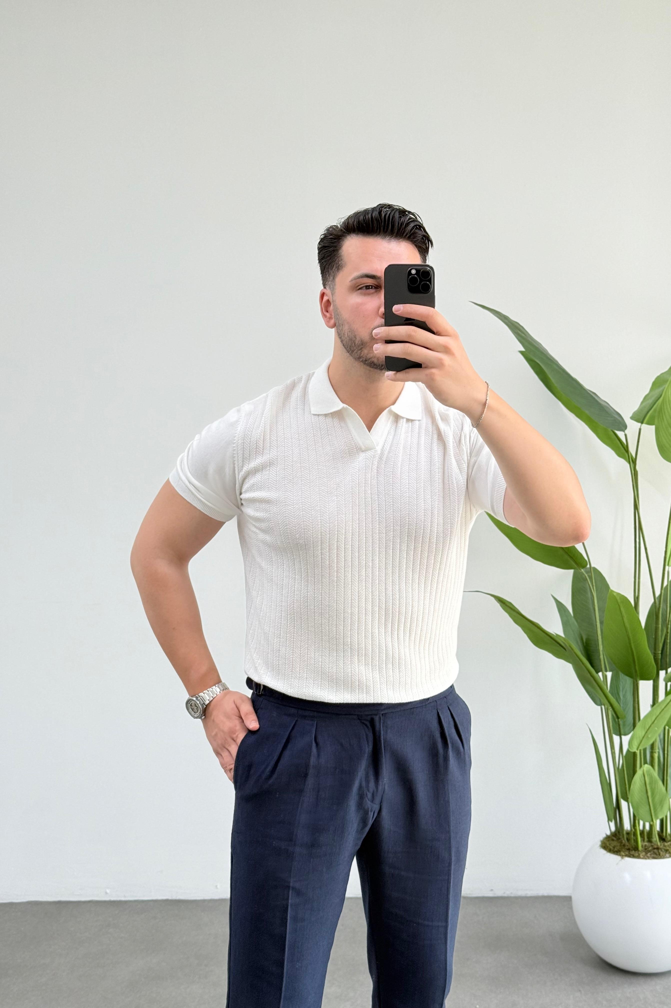 Luis Beyaz Polo Yaka Örme Tişört 