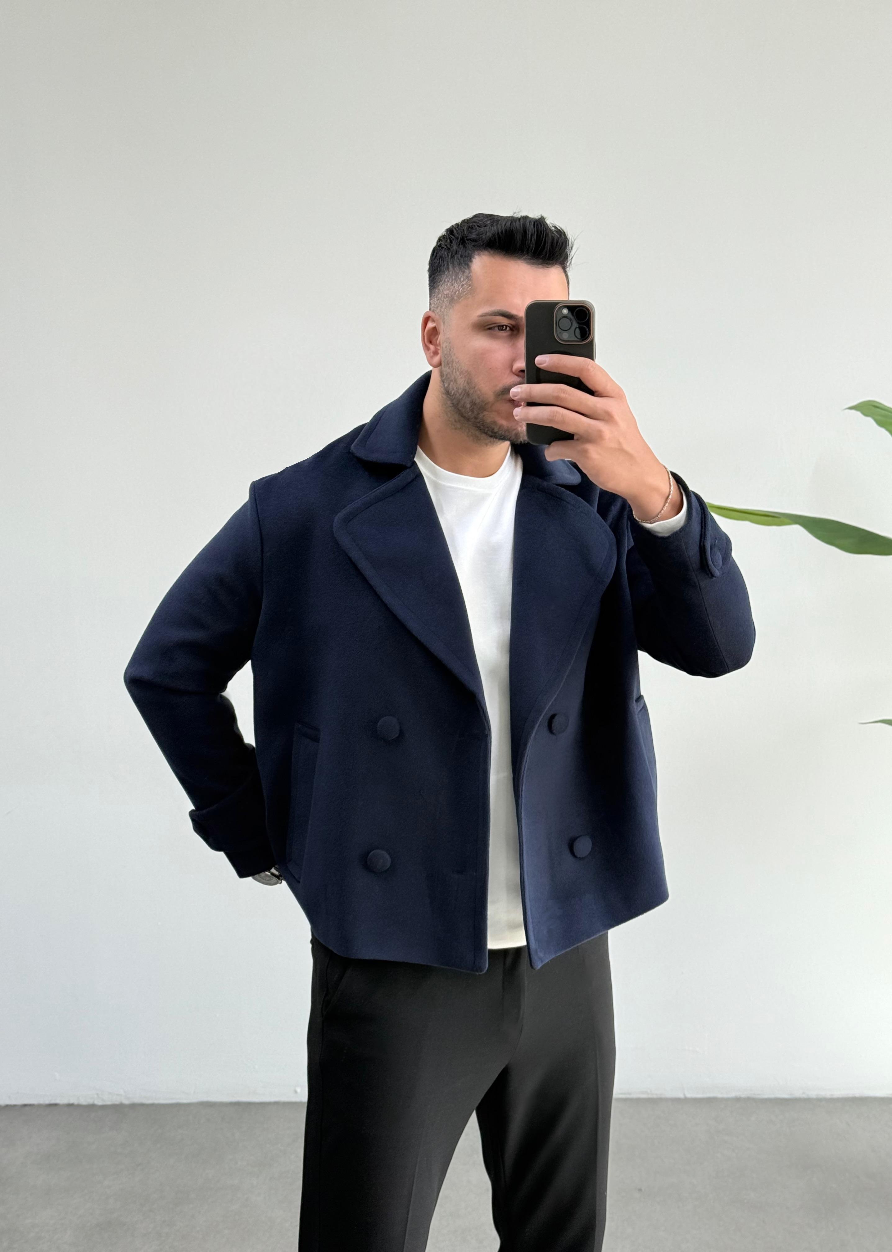 Lux Lacivert Oversize Kaşe Ceket
