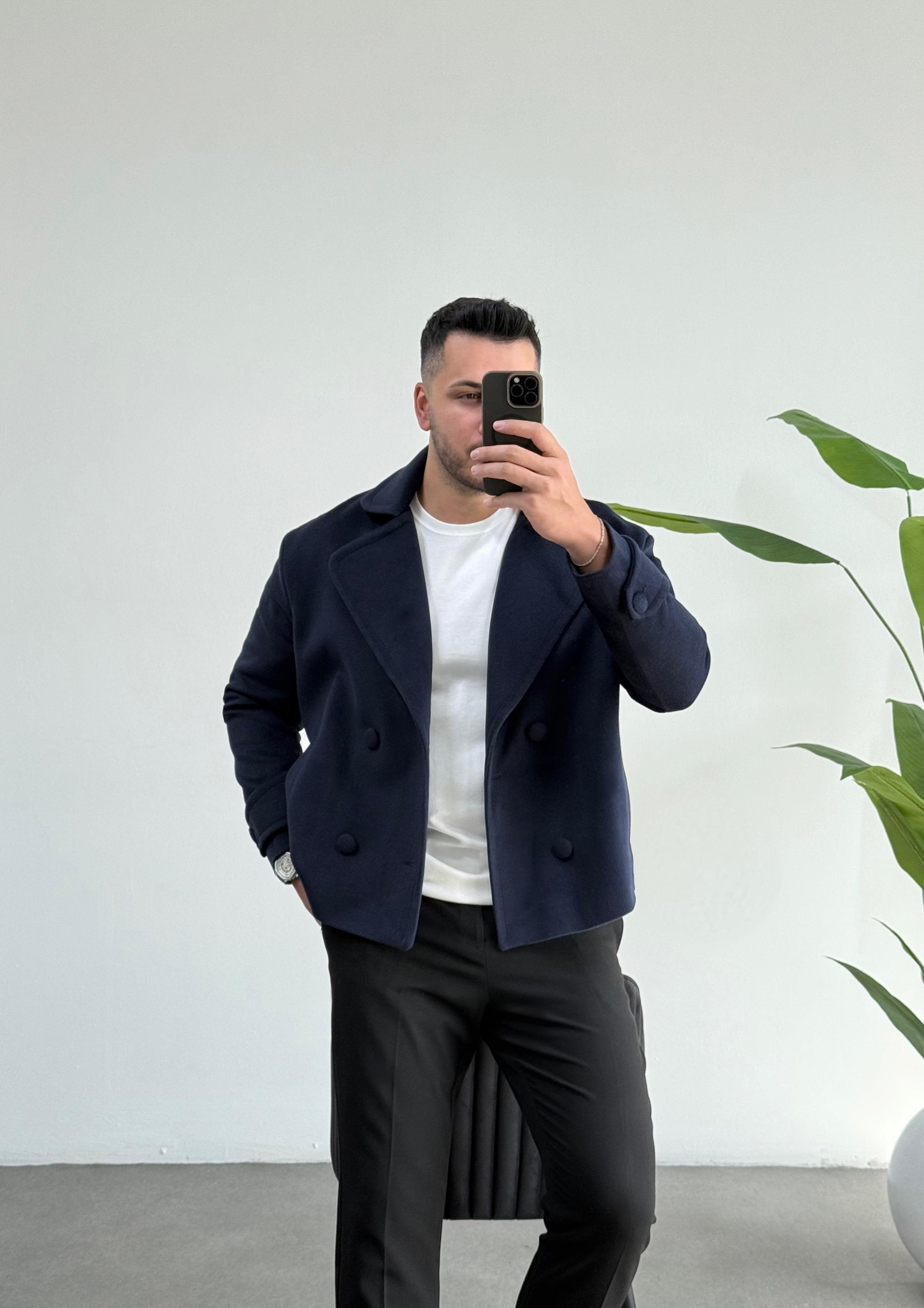 Lux Lacivert Oversize Kaşe Ceket