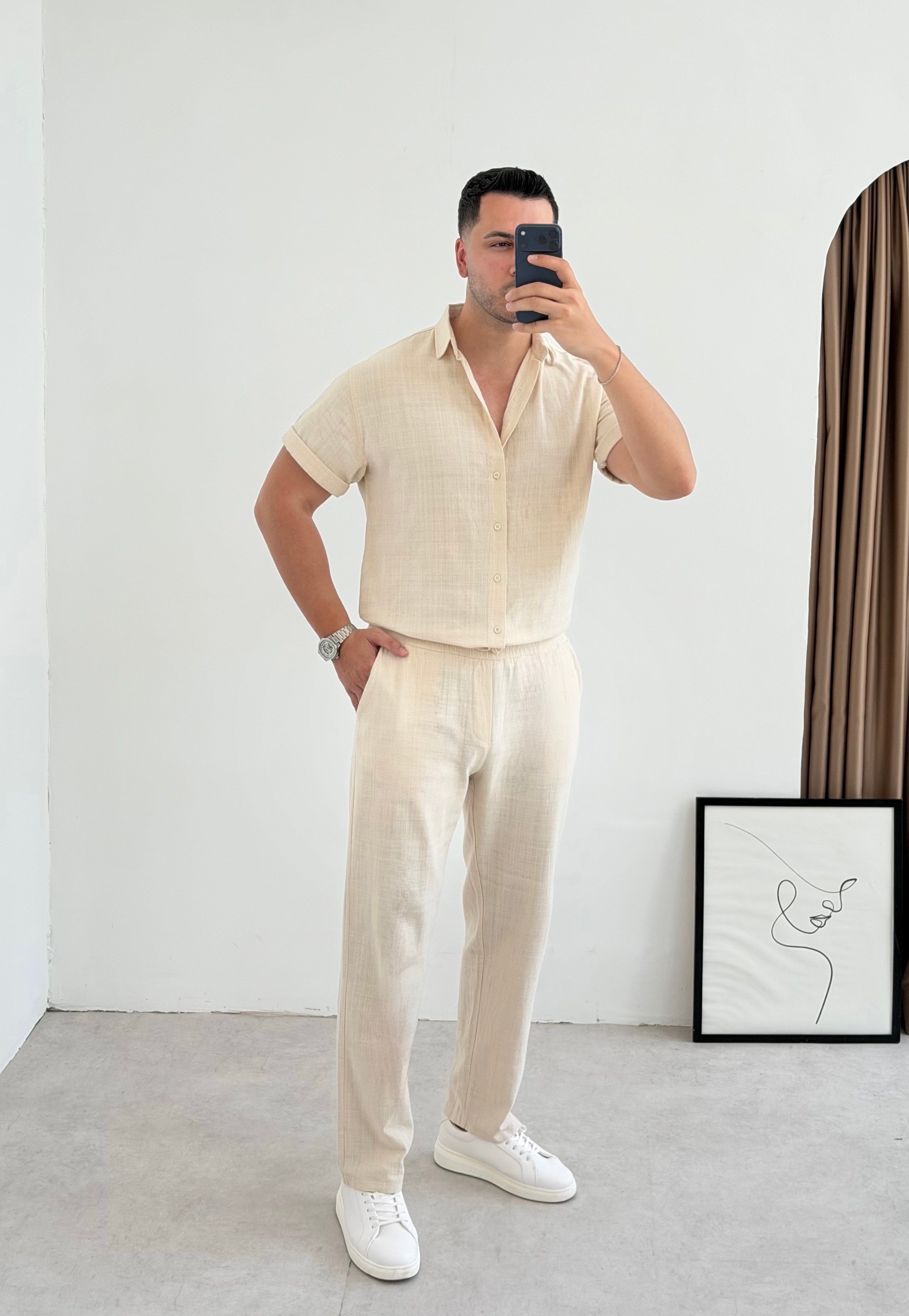 Luxry Bej Keten Pantolon