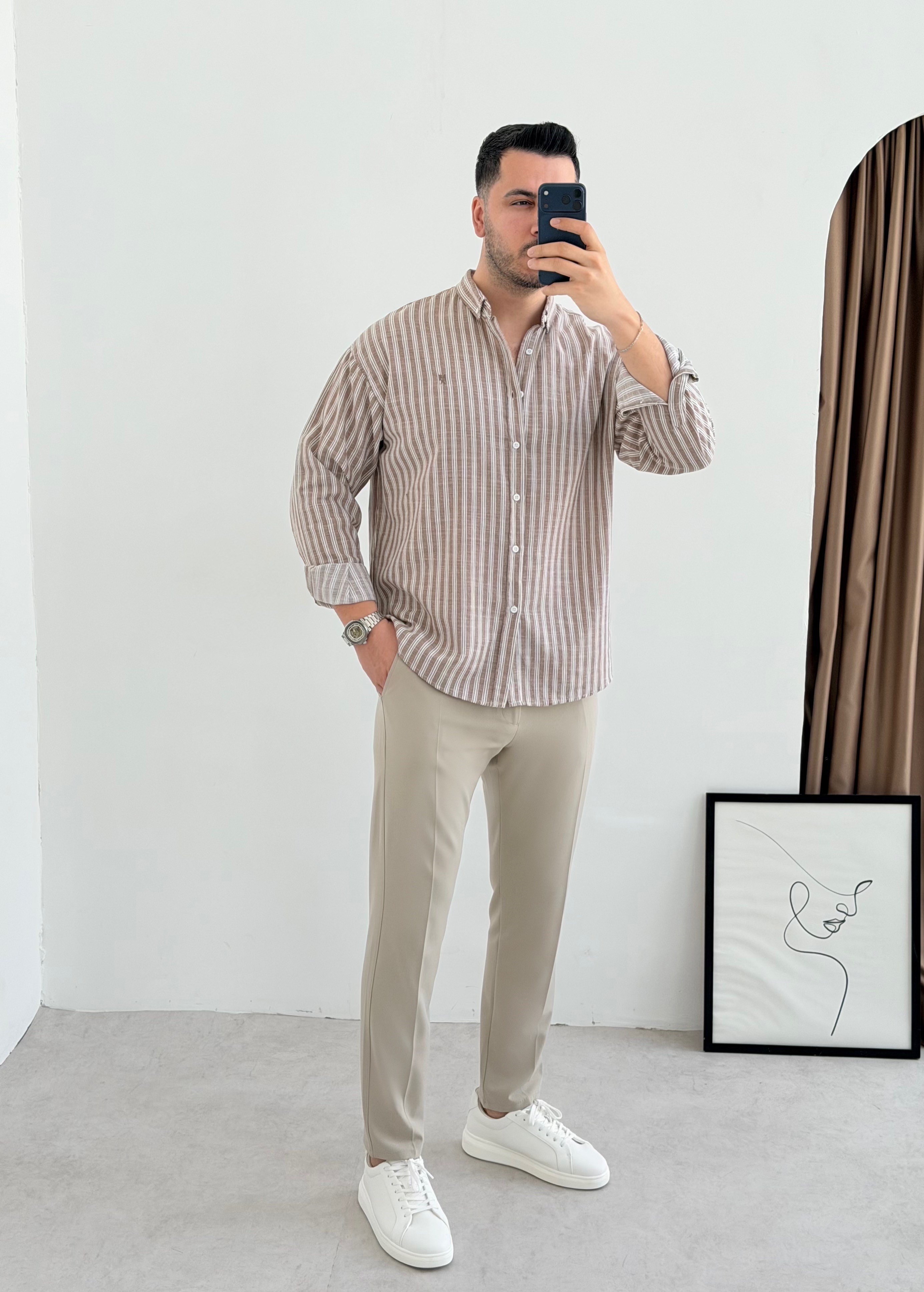 Majou Bej Çizgili Oversize Gömlek