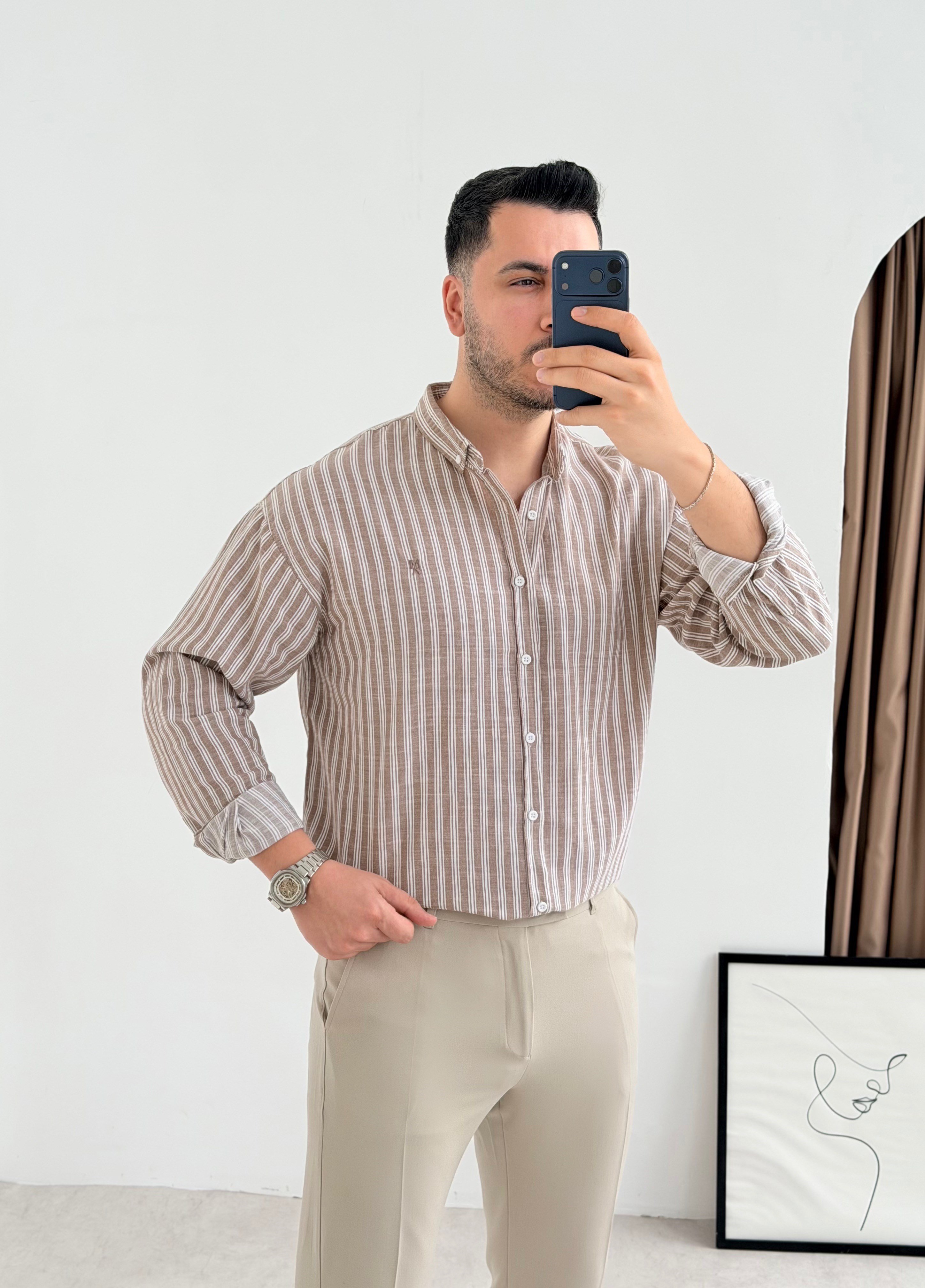 Majou Bej Çizgili Oversize Gömlek