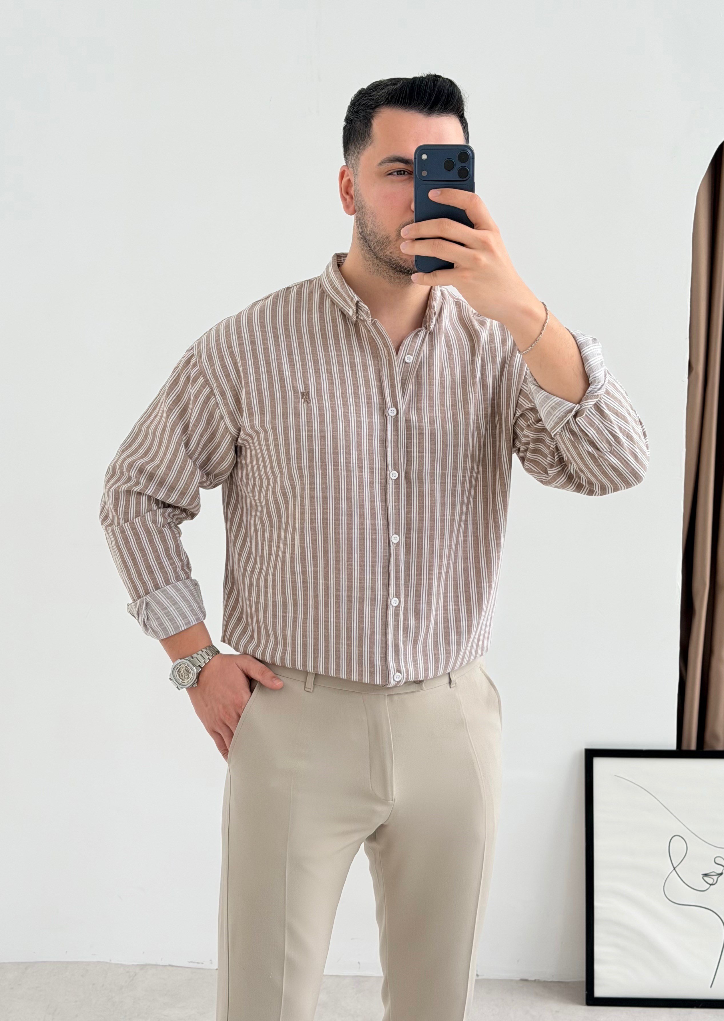 Majou Bej Çizgili Oversize Gömlek