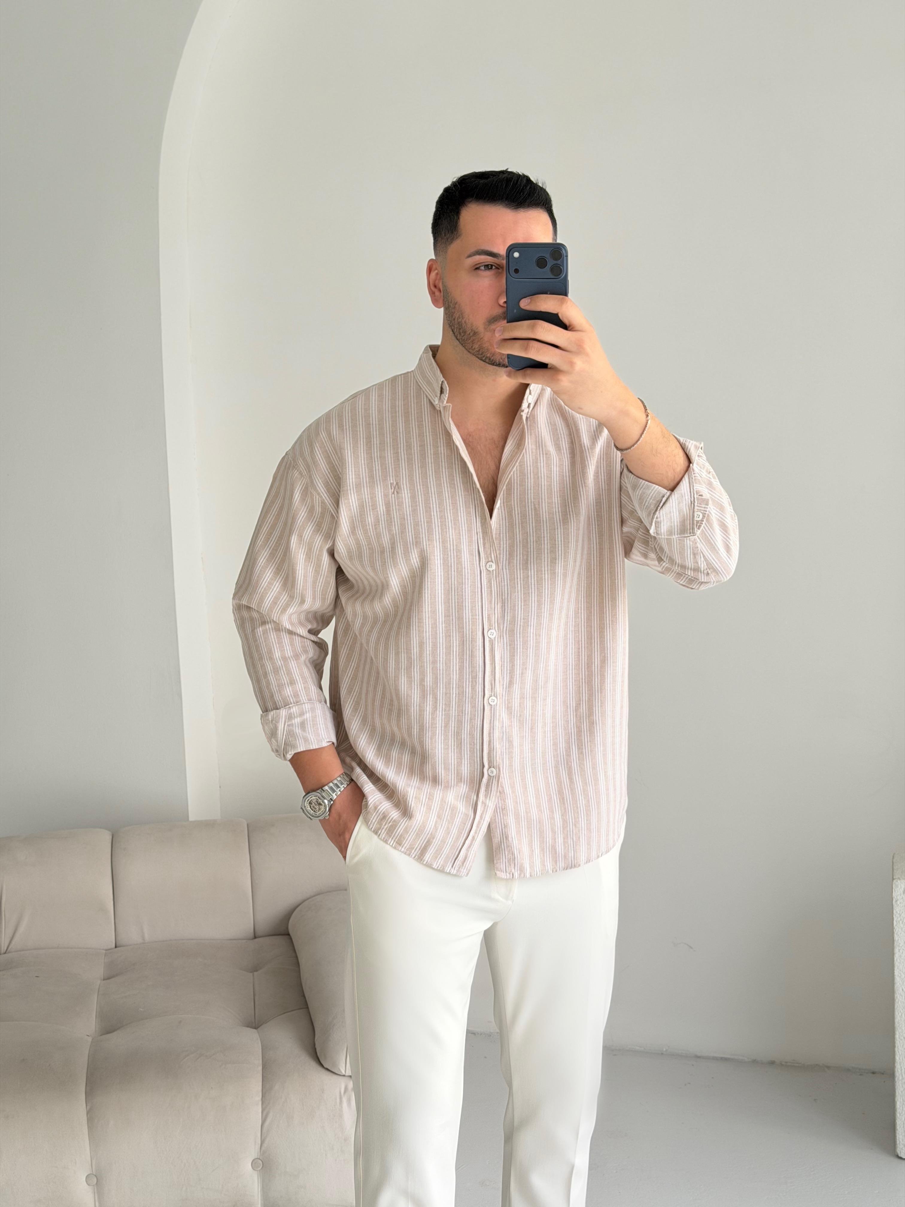Majou Bej Çizgili Oversize Keten Gömlek