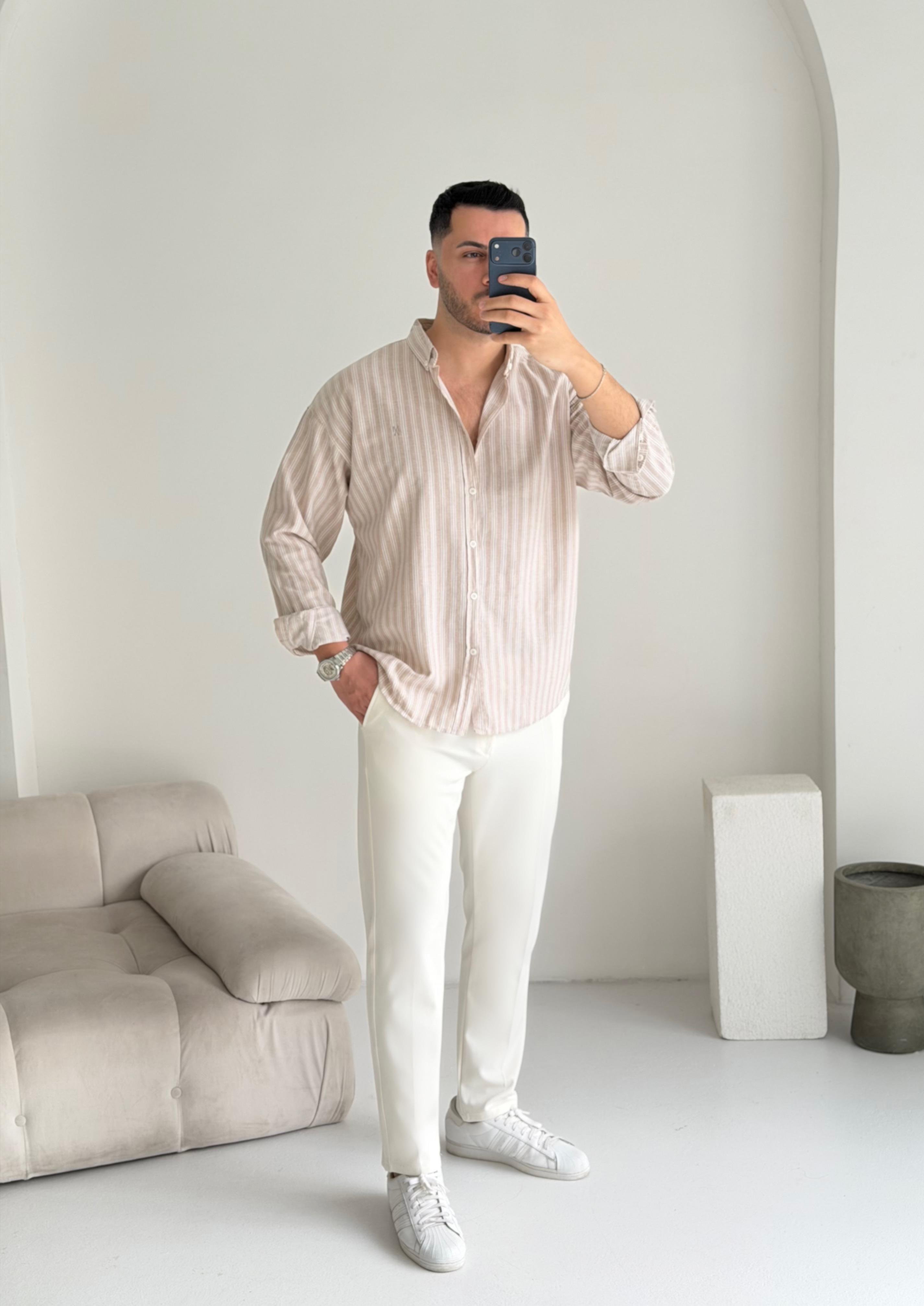 Majou Bej Çizgili Oversize Keten Gömlek