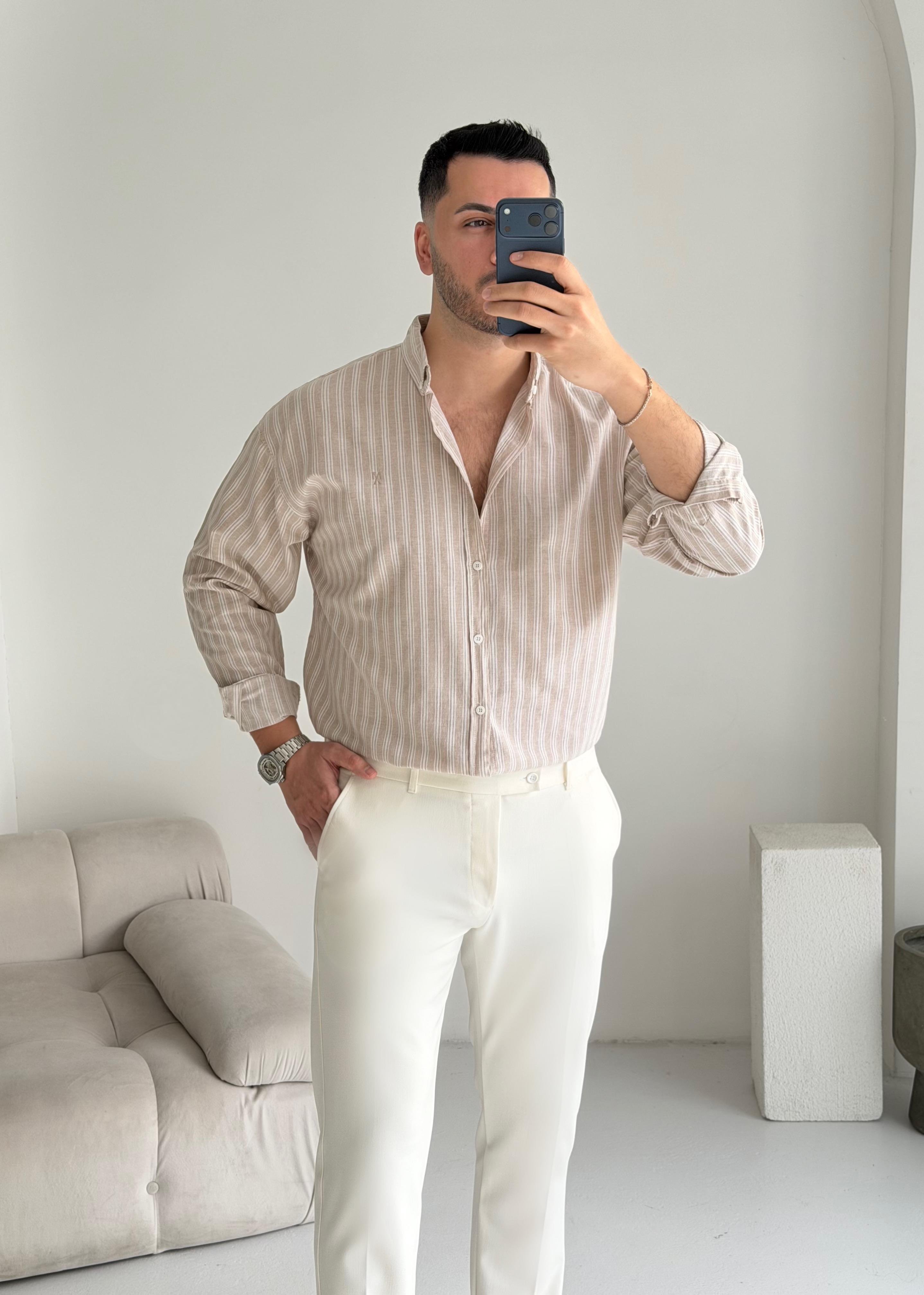 Majou Bej Çizgili Oversize Keten Gömlek