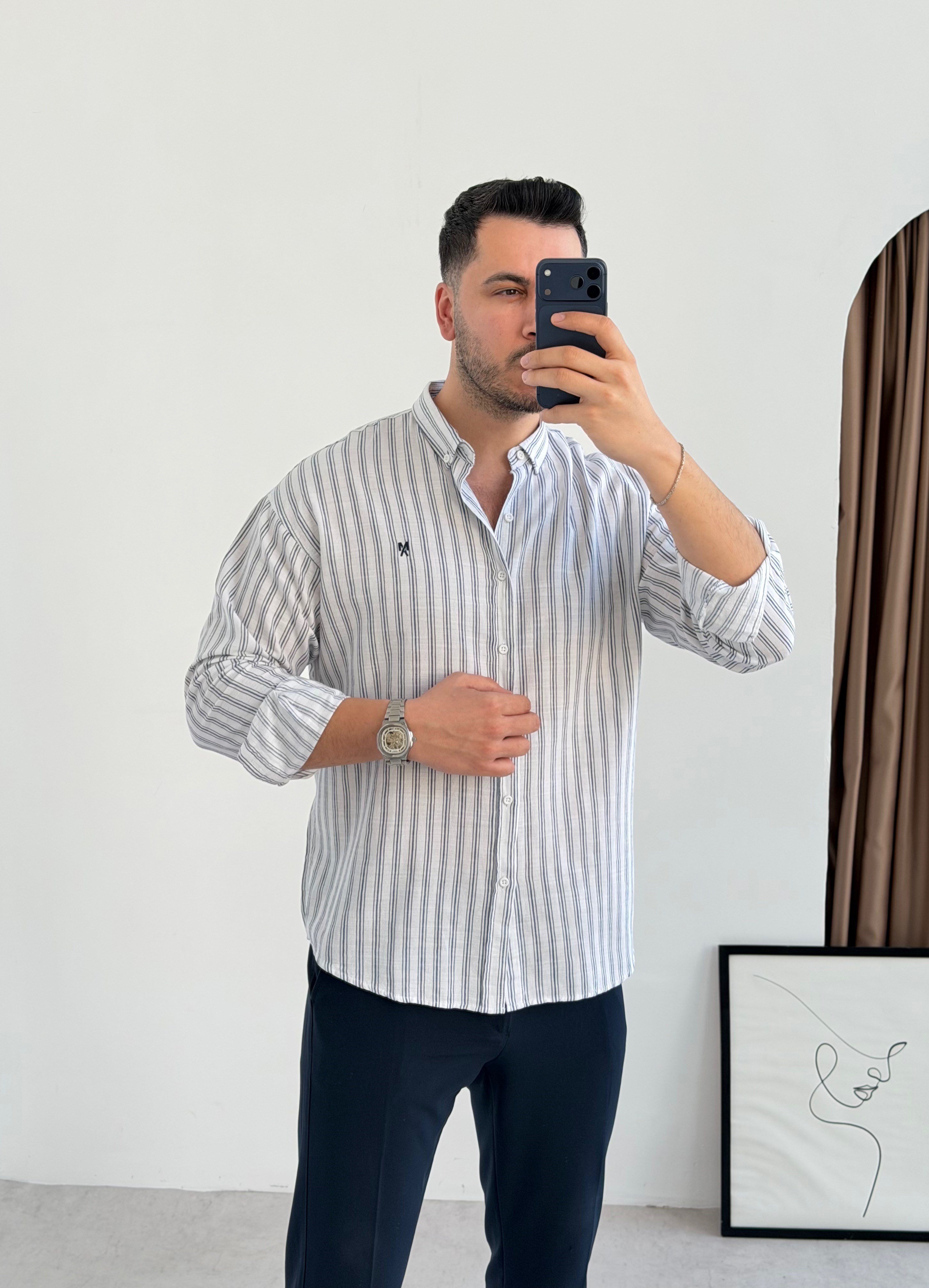 Majou Beyaz Çizgili Oversize Gömlek