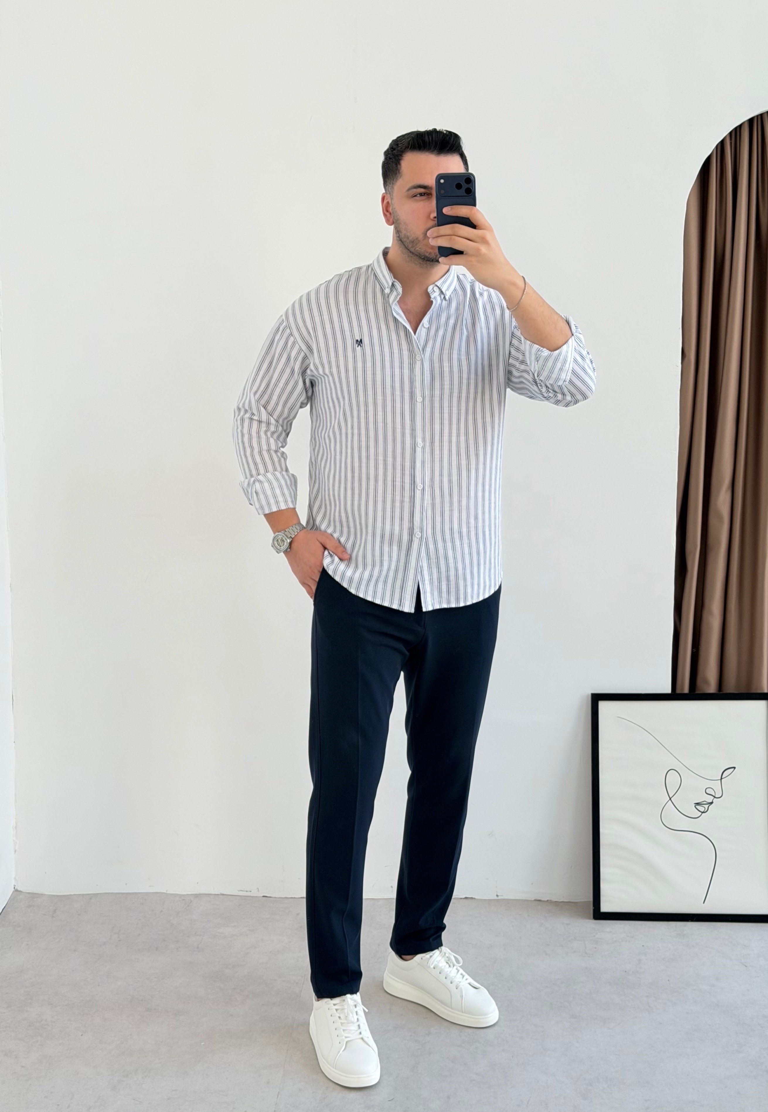 Majou Beyaz Çizgili Oversize Gömlek