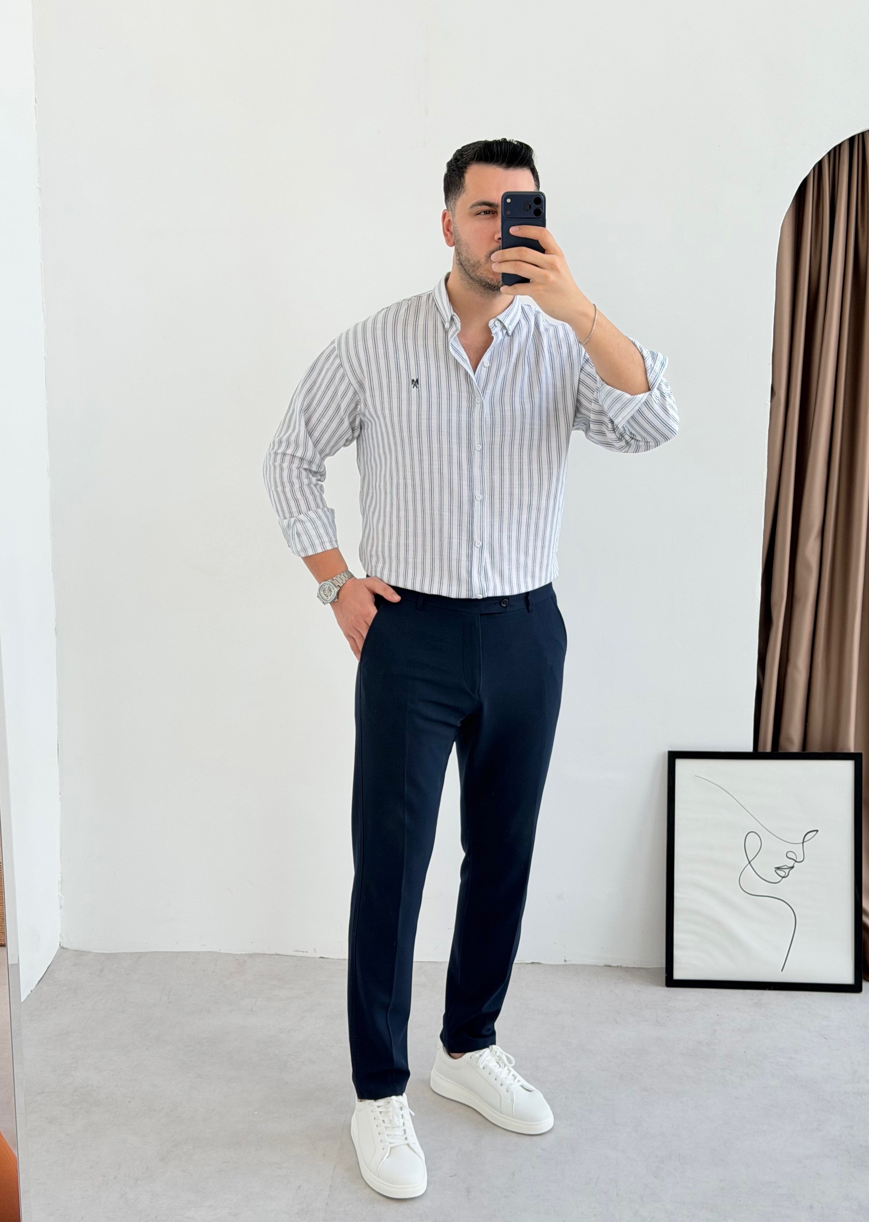 Majou Beyaz Çizgili Oversize Gömlek